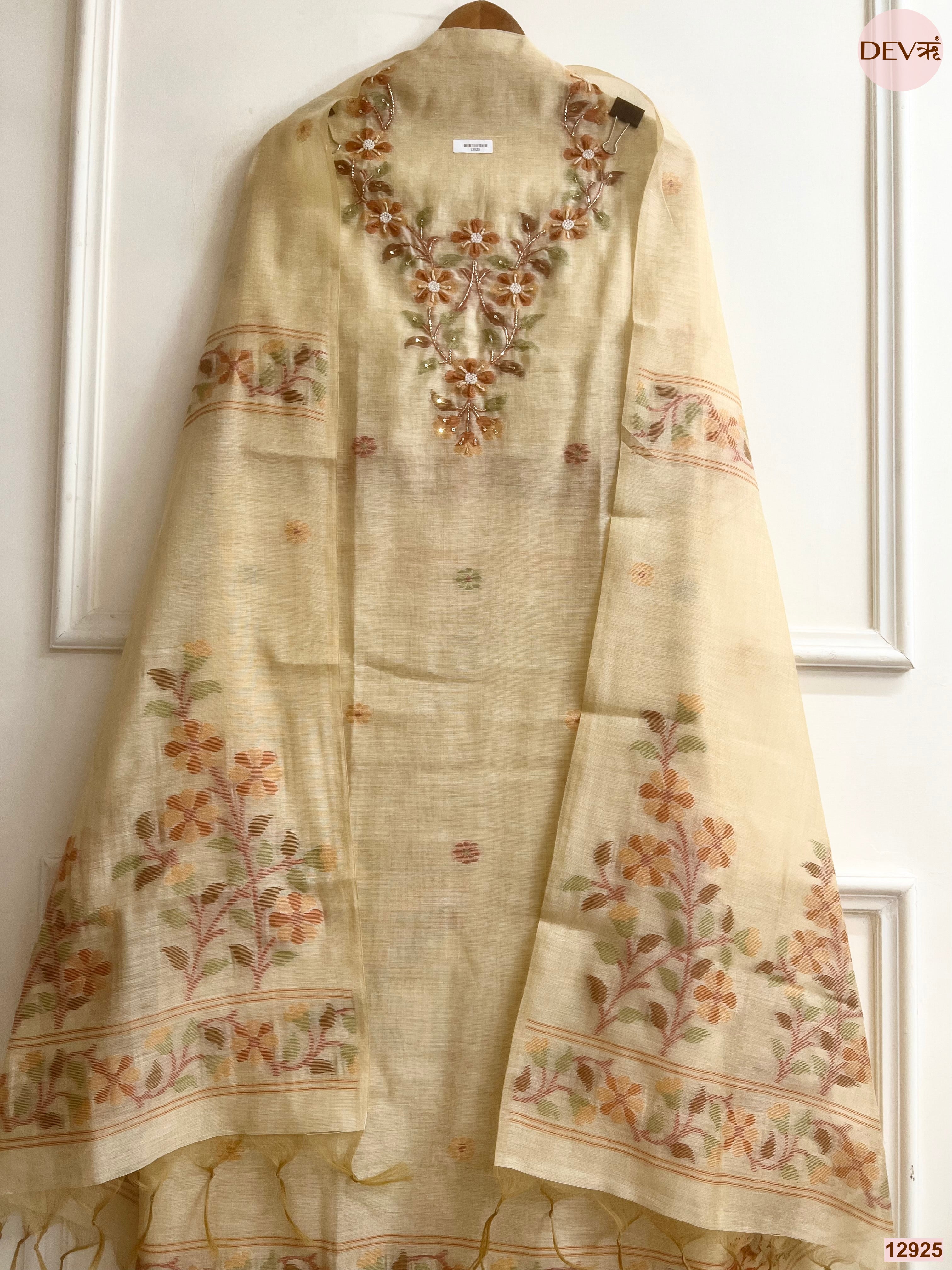 Cream Jamdani Cotton Embroidered Unstitched 3-Piece Suit (Devri – D.No 12925)
