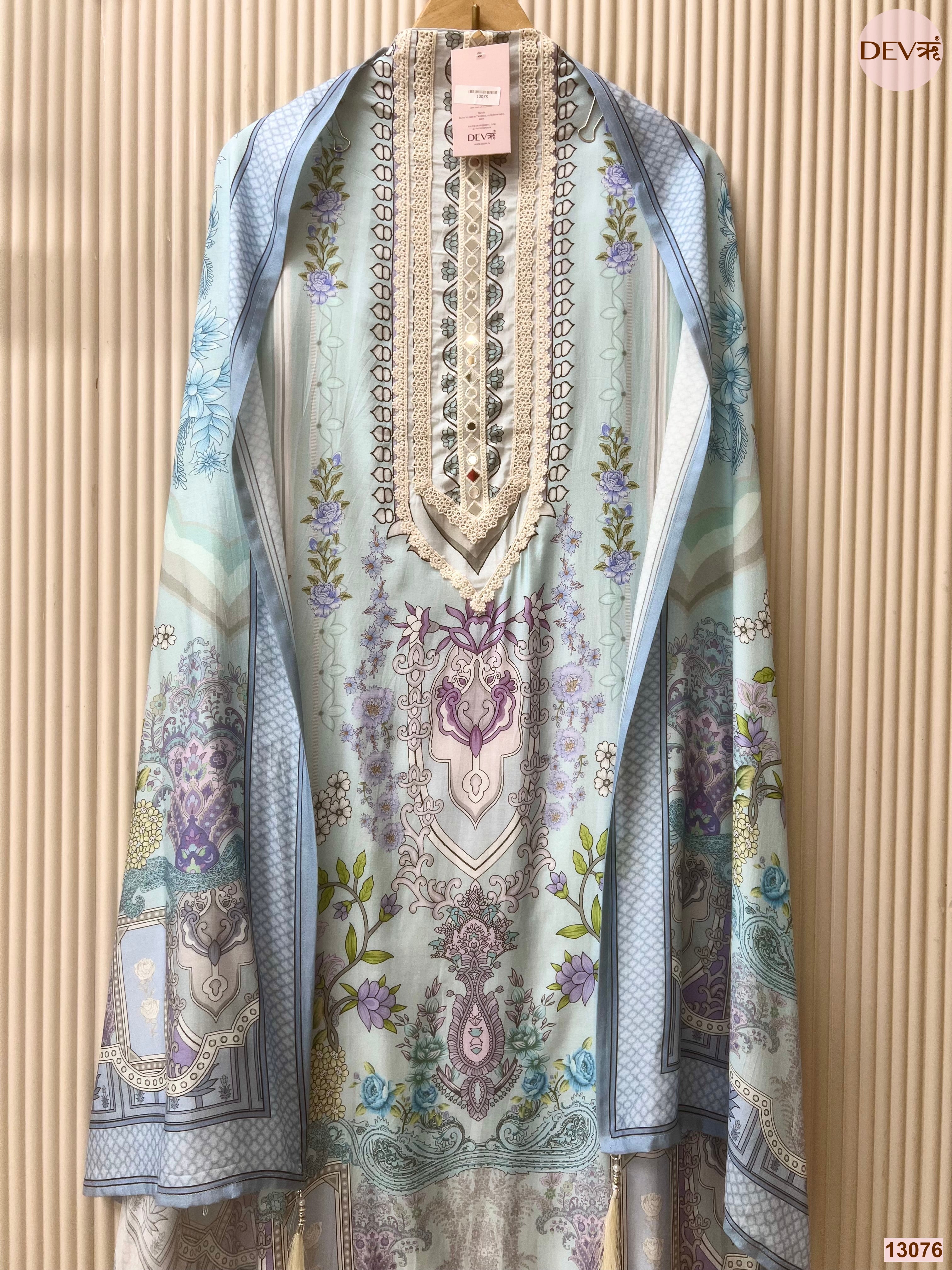 Blue Muslin Printed Unstitched 3-Piece Suit (Devri – D.No 13076)