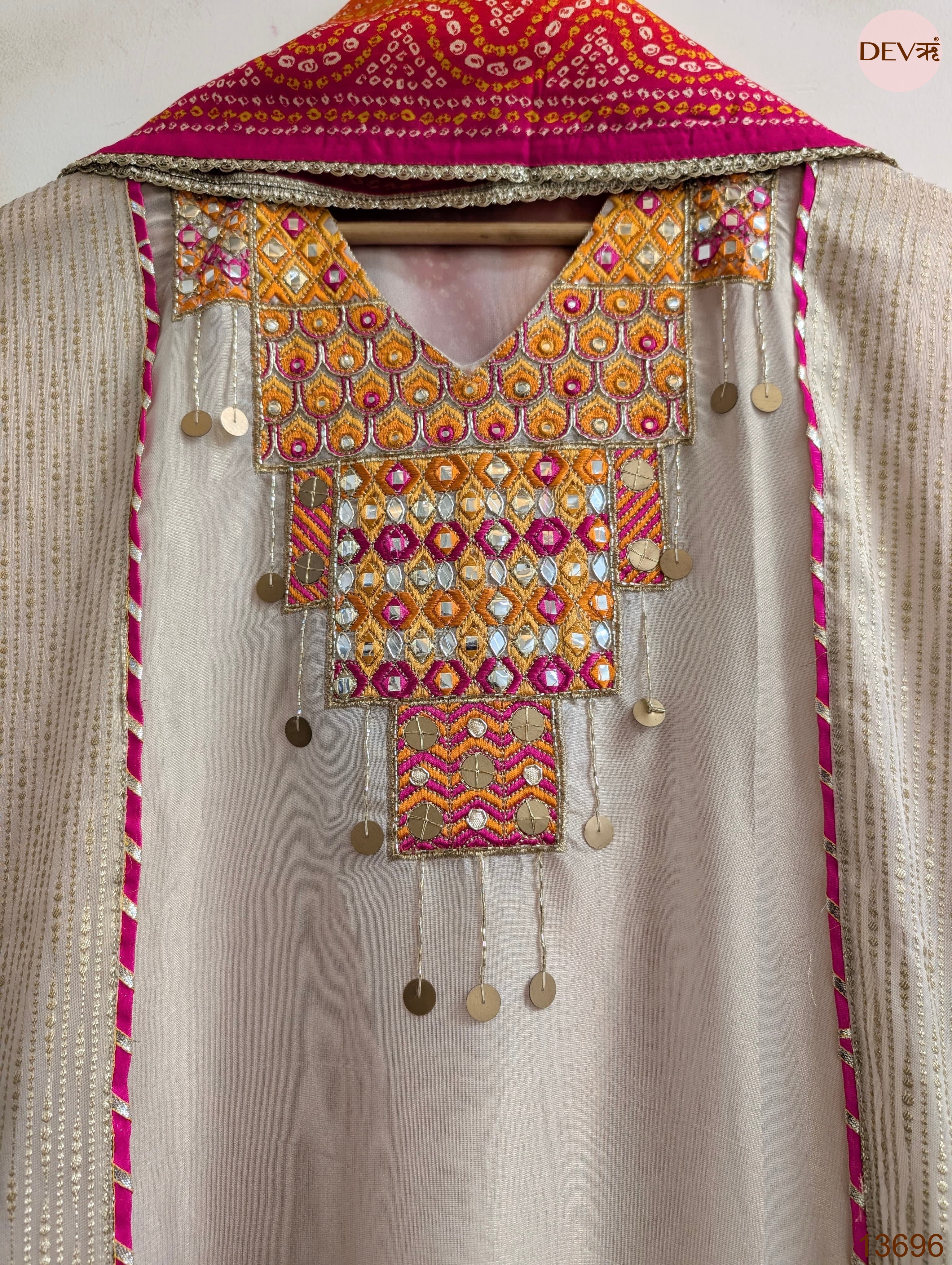 Beige Tissue Silk Hand Unstitched 3-Piece Suit (Devri – D.No 13696)