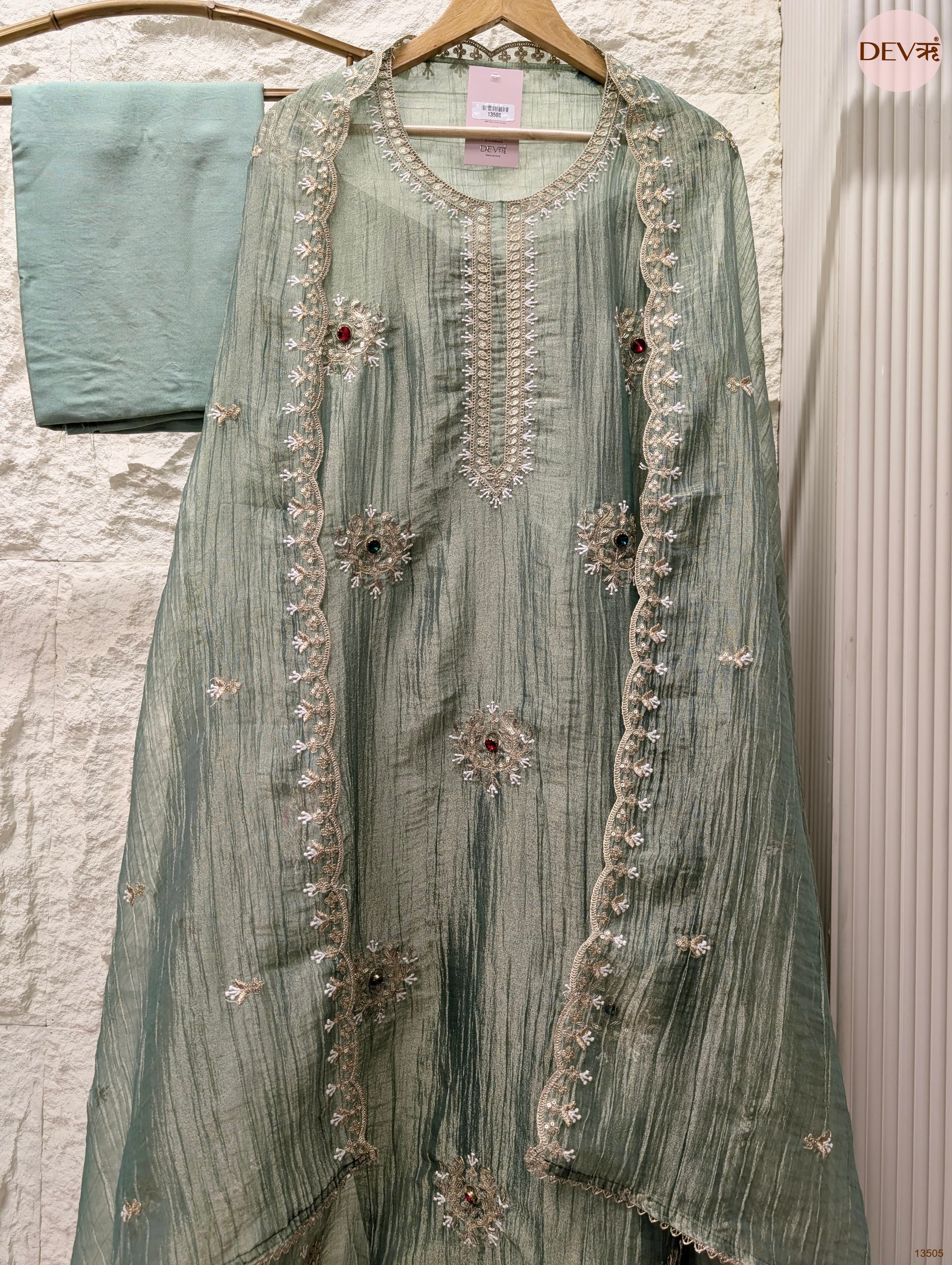 Green Tissue Crush Silk Embroidered Unstitched 3-Piece Suit (Devri – D.No 13505)