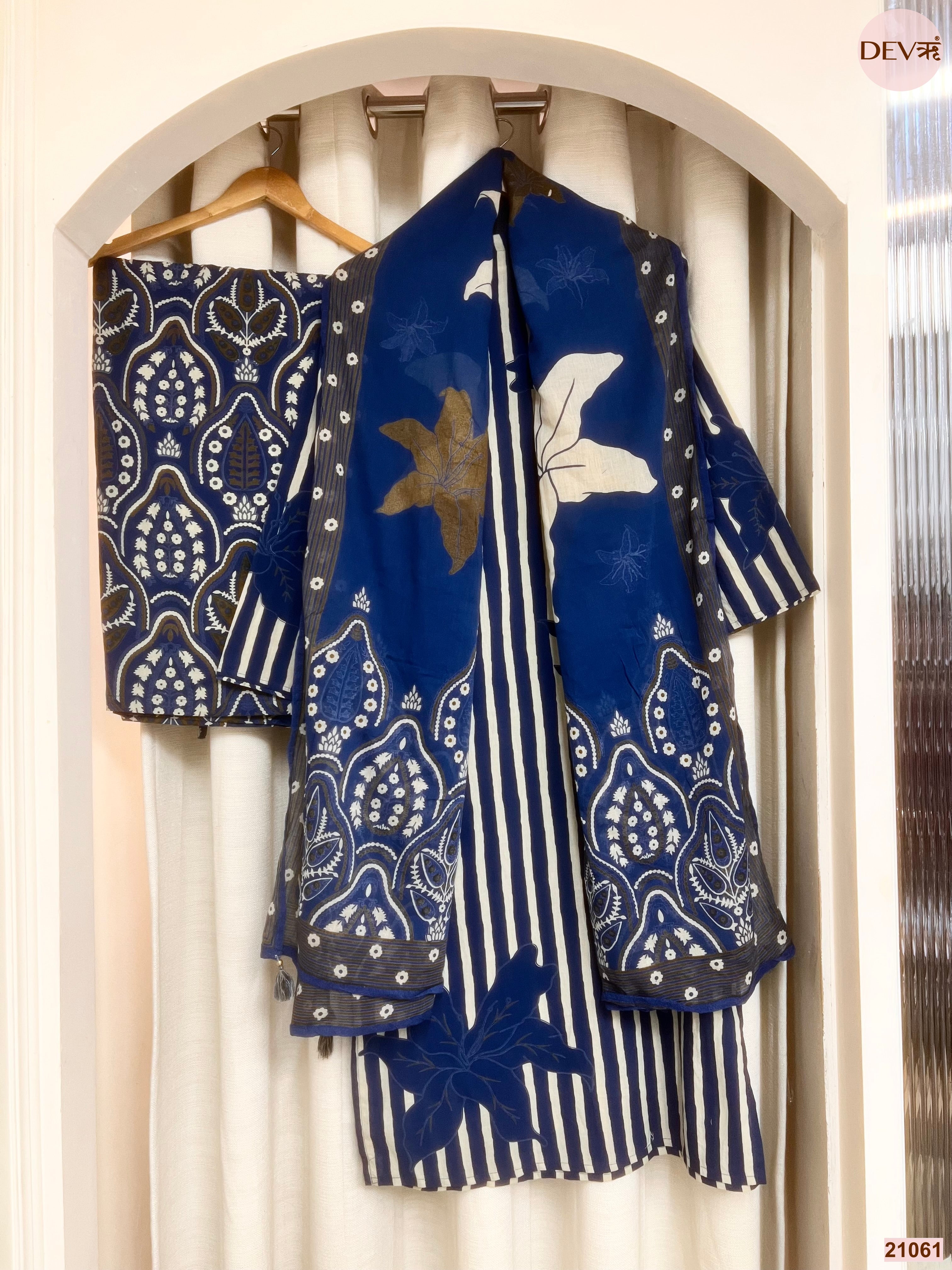 Neelambara Cotton Printed Blue 3-Piece Set (Devri – D.No 21061)