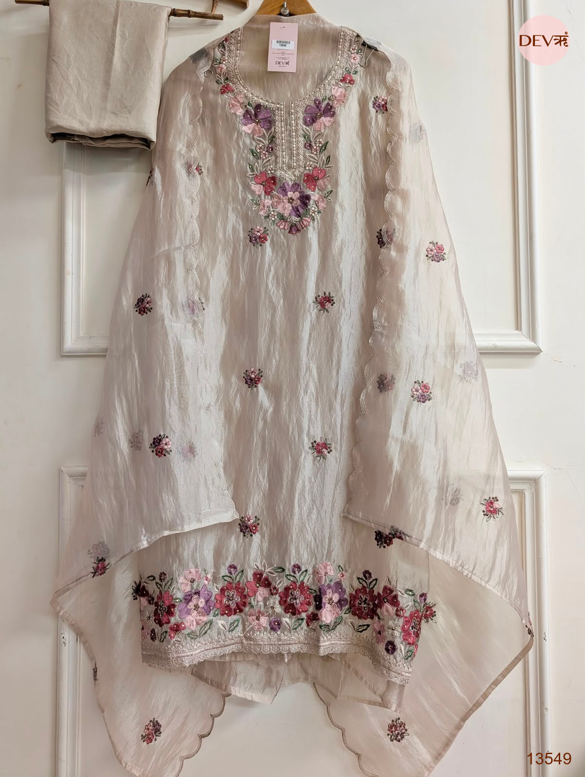 Beige Tissue Organza Silk Embroidered Unstitched 3-Piece Suit (Devri – D.No 13549)