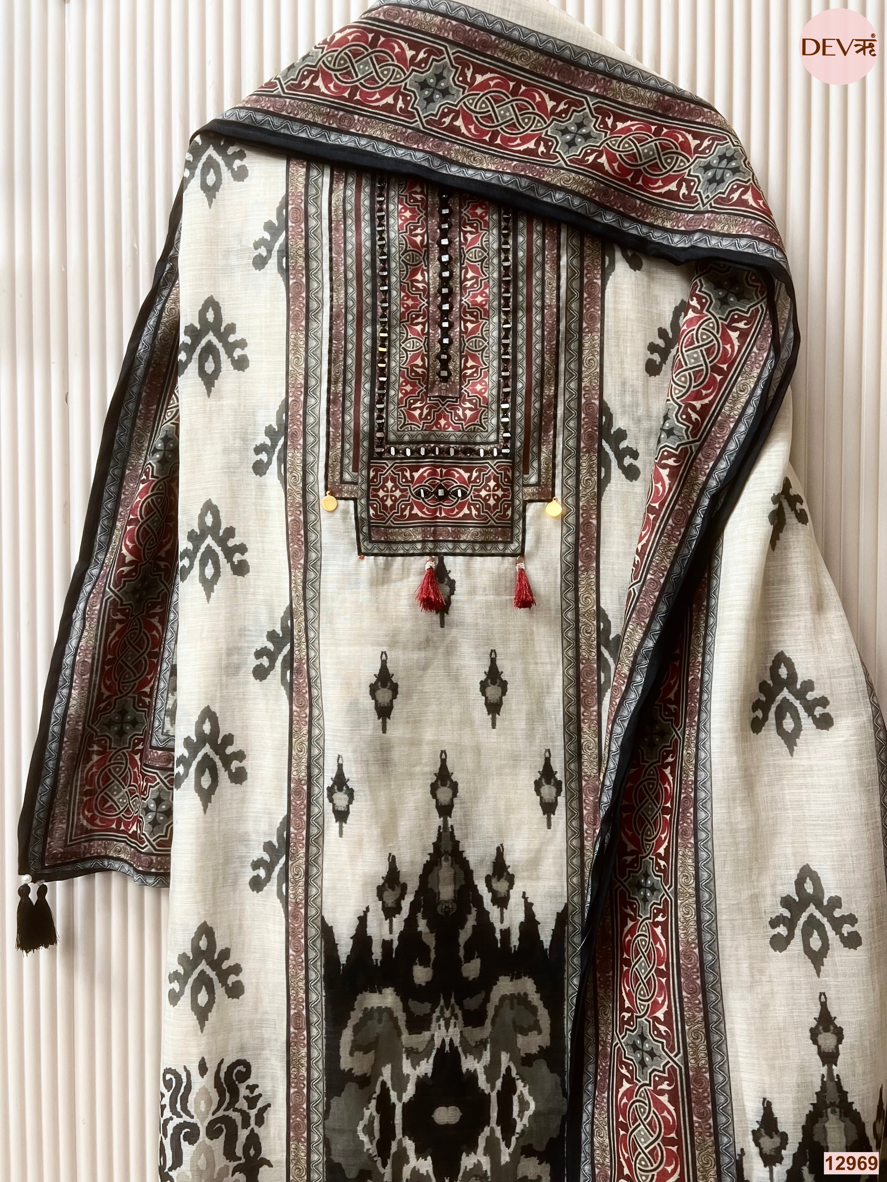 Off White Linen Cotton Printed Unstitched 3-Piece Suit (Devri – D.No 12969)
