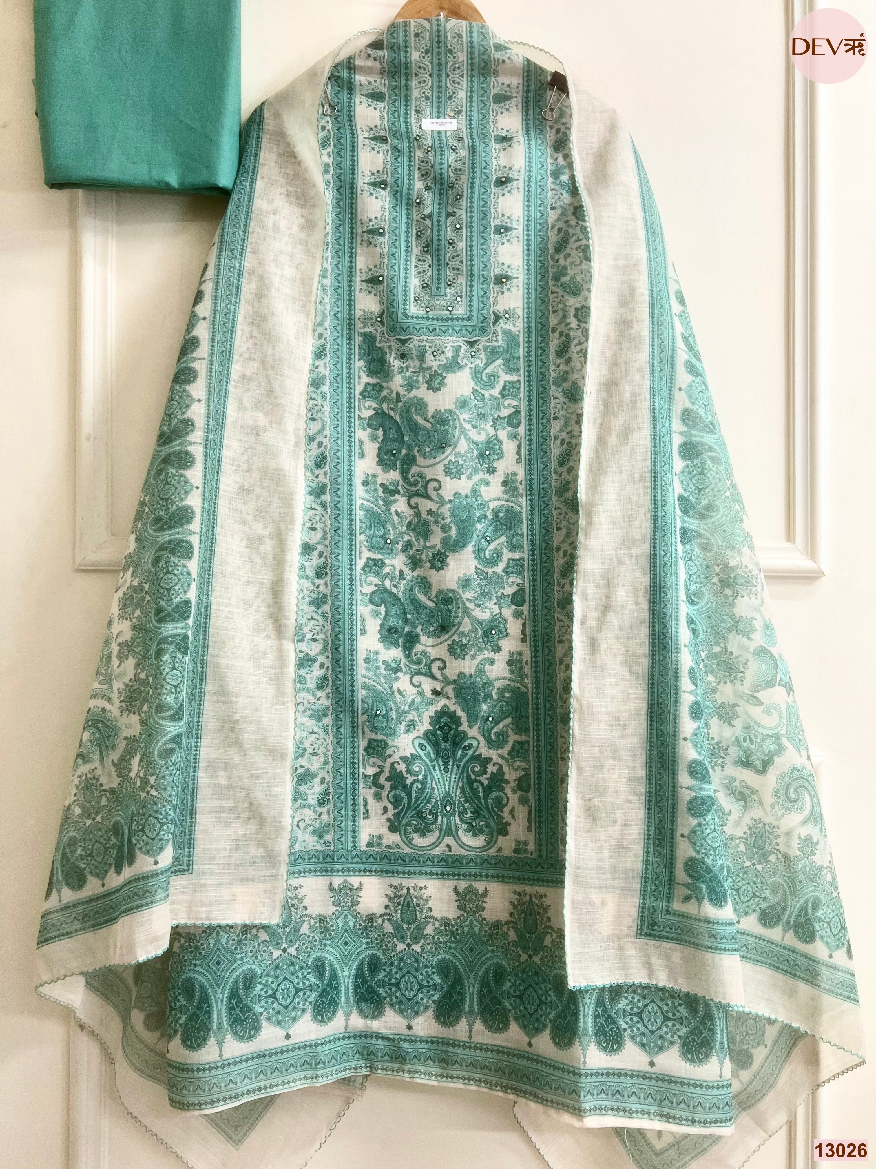 White Linen Printed Unstitched 3-Piece Suit (Devri – D.No 13026)