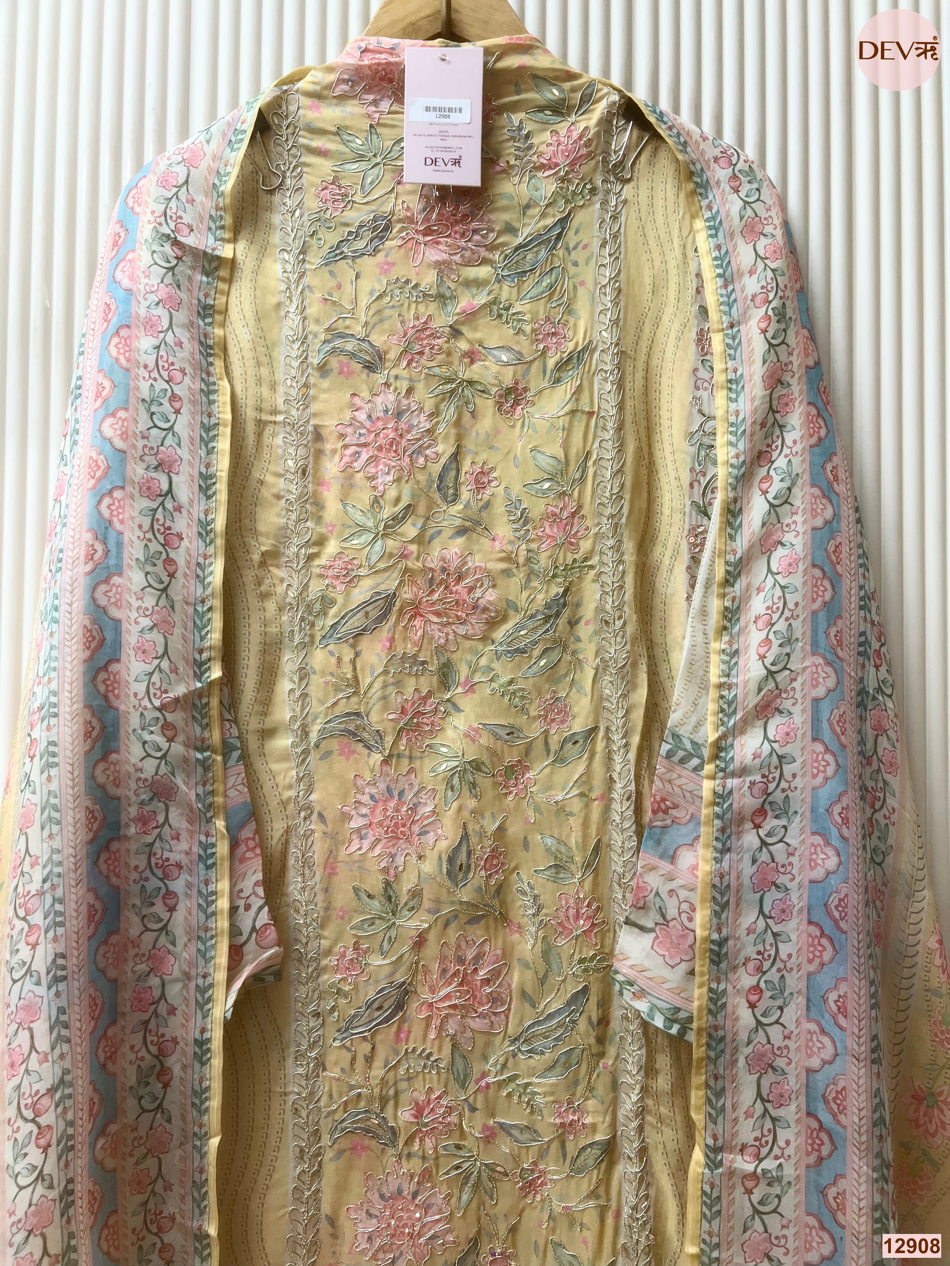 Yellow Organza Embroidered Unstitched 3-Piece Suit (Devri – D.No 12908)