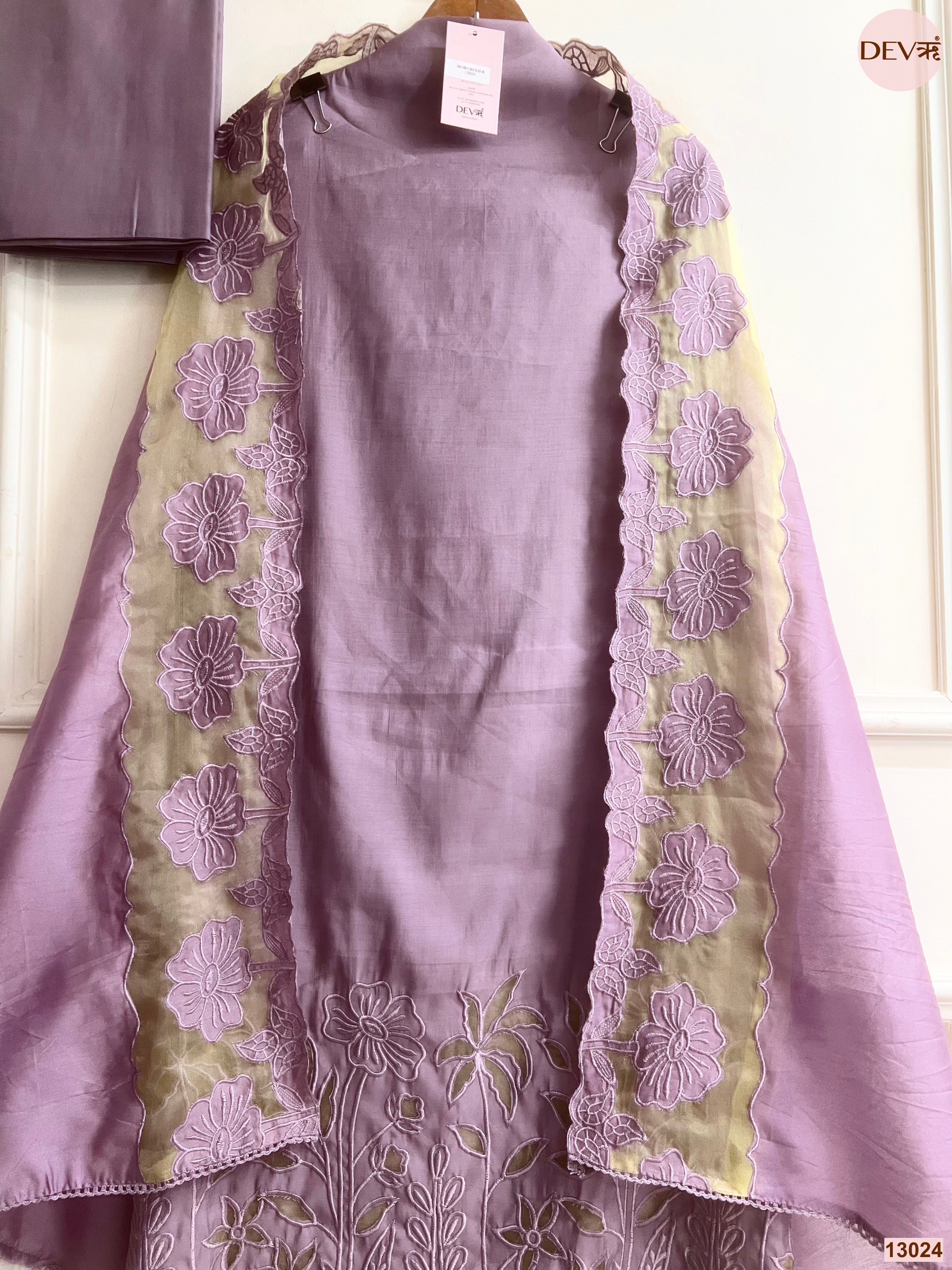 Mauve Roman Silk Embroidered Unstitched 3-Piece Suit (Devri – D.No 13024)