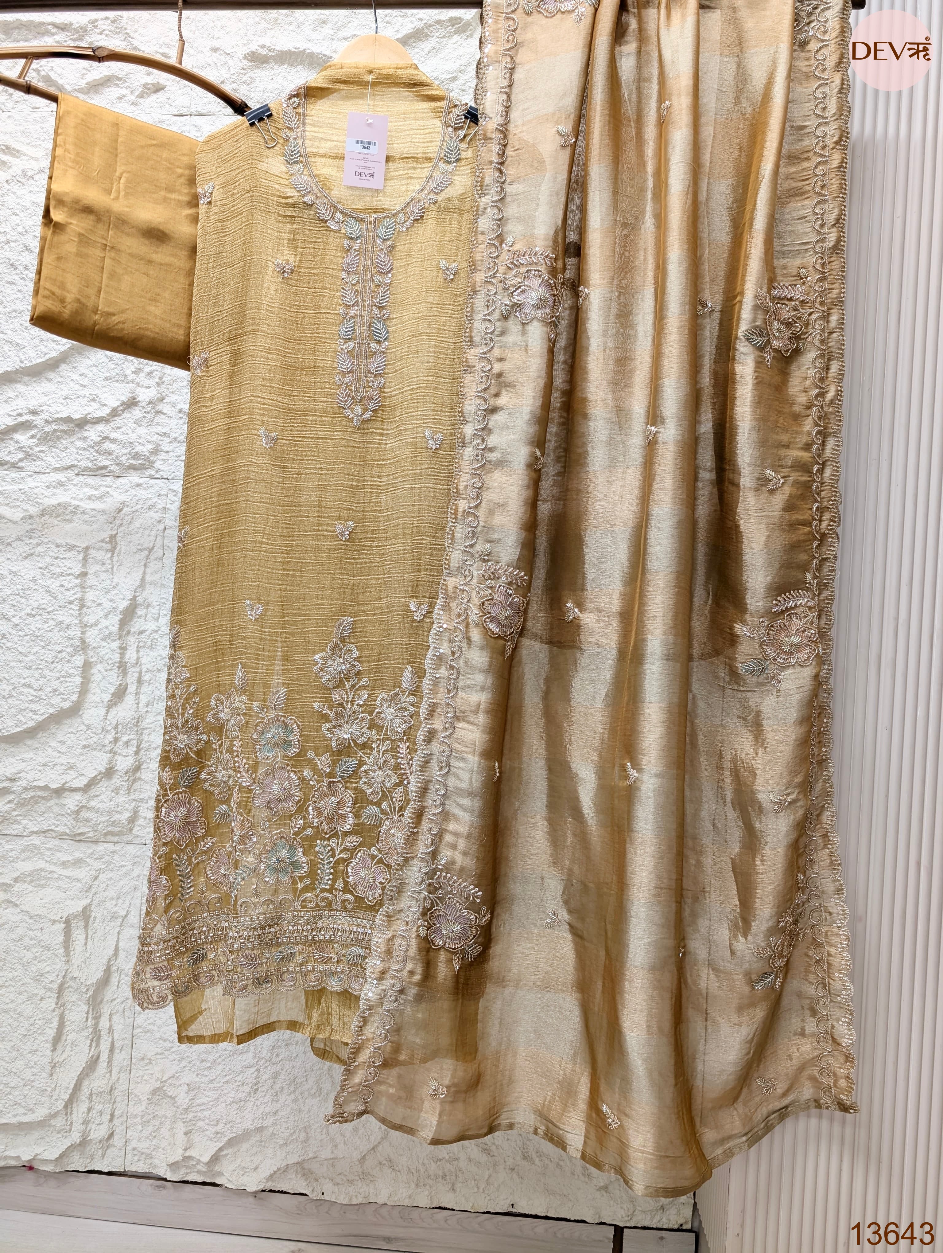 Mustard Tissue Crush Silk Embroidered Unstitched 3-Piece Suit (Devri – D.No 13643)