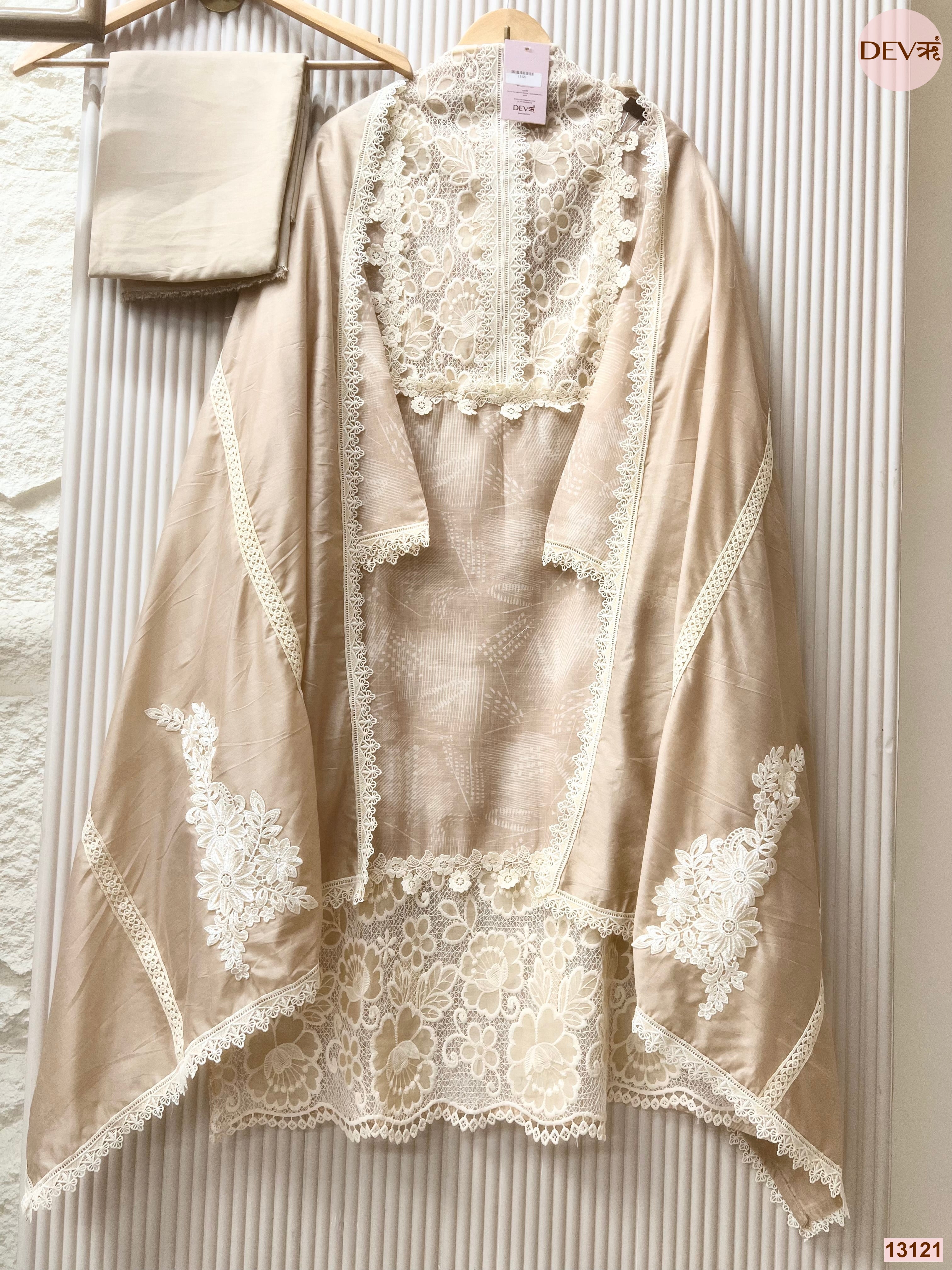 Beige Linen Embroidered Unstitched 3-Piece Suit (Devri – D.No 13121)
