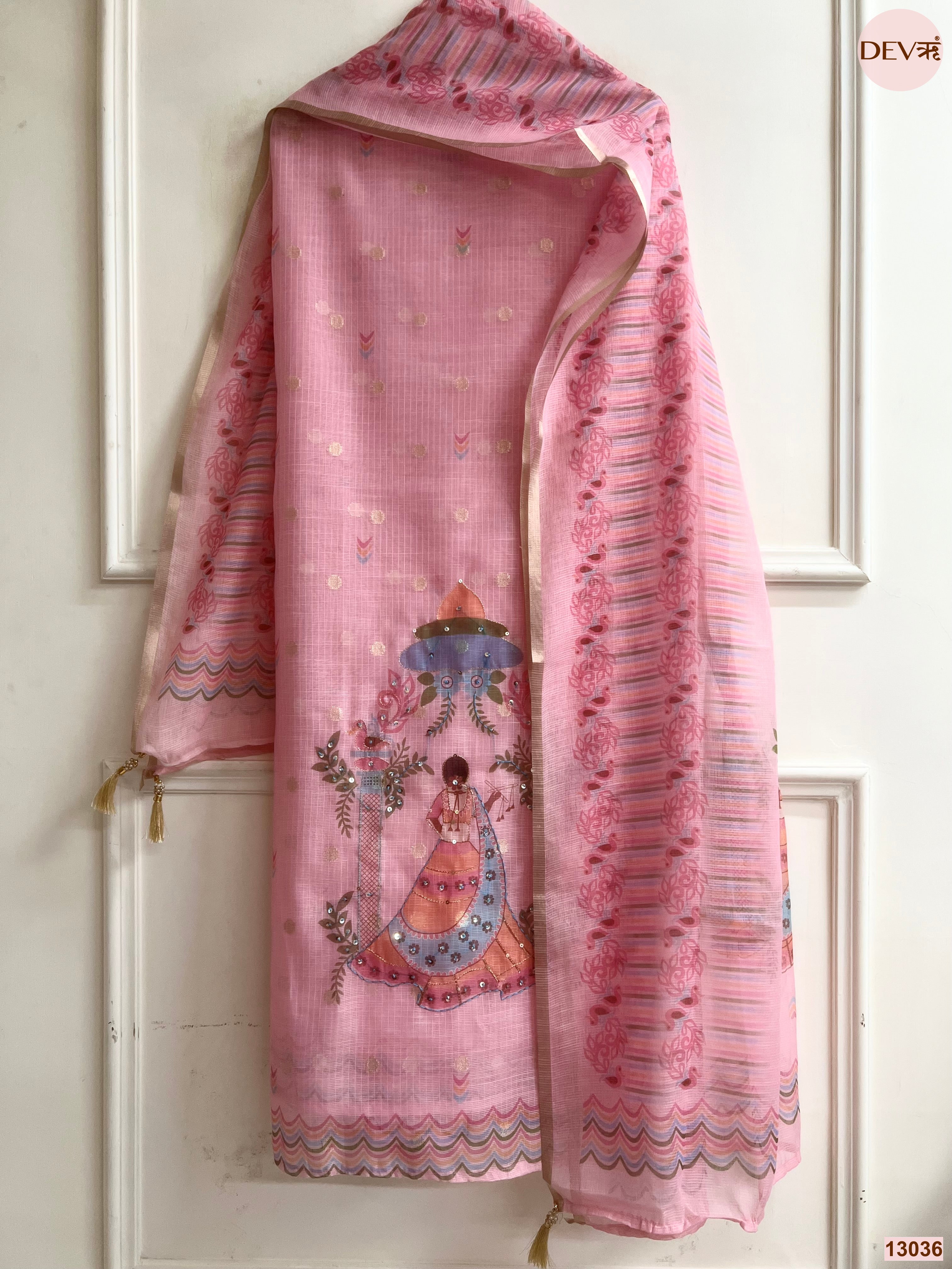Pink Kota Zari Printed Unstitched 3-Piece Suit (Devri – D.No 13036)