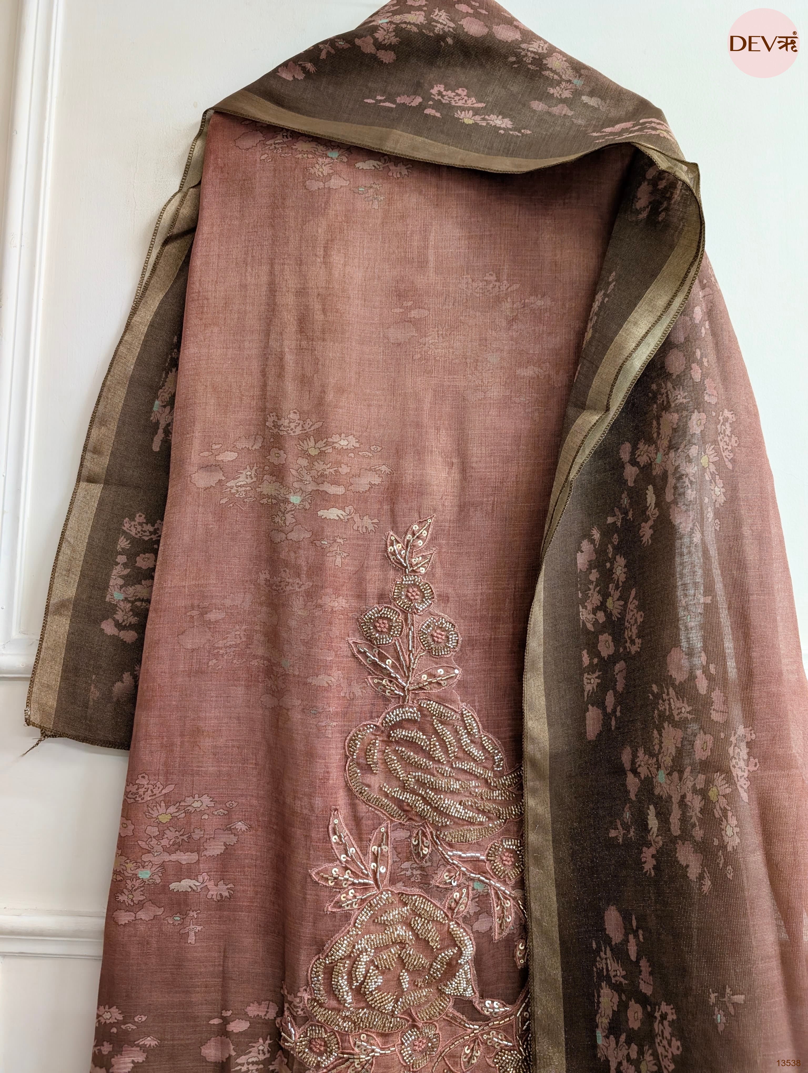 Brown Linen Cotton Printed Unstitched 3-Piece Suit (Devri – D.No 13538)