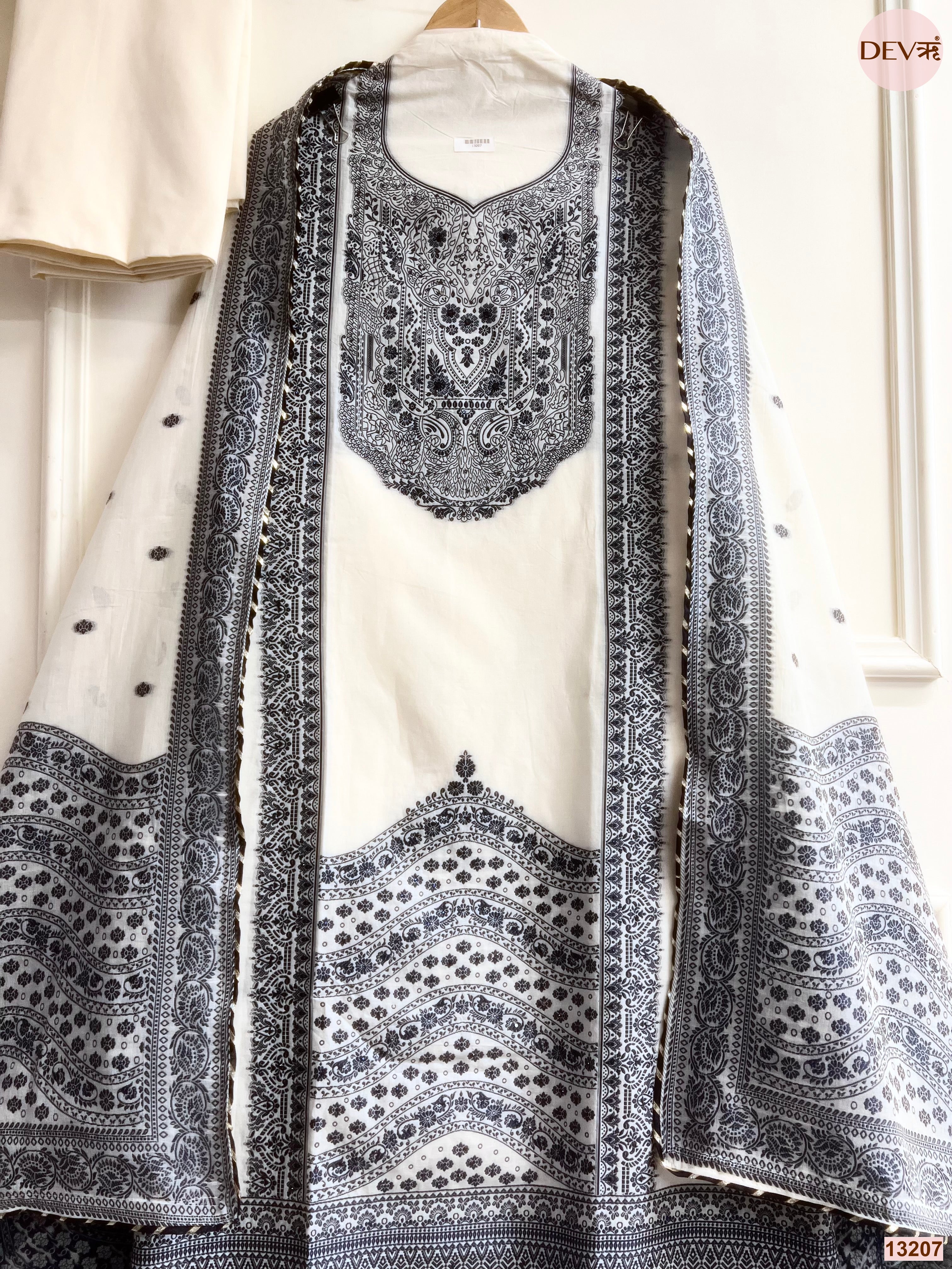 Off White Jamdani Cotton Printed Unstitched 3-Piece Suit (Devri – D.No 13207)