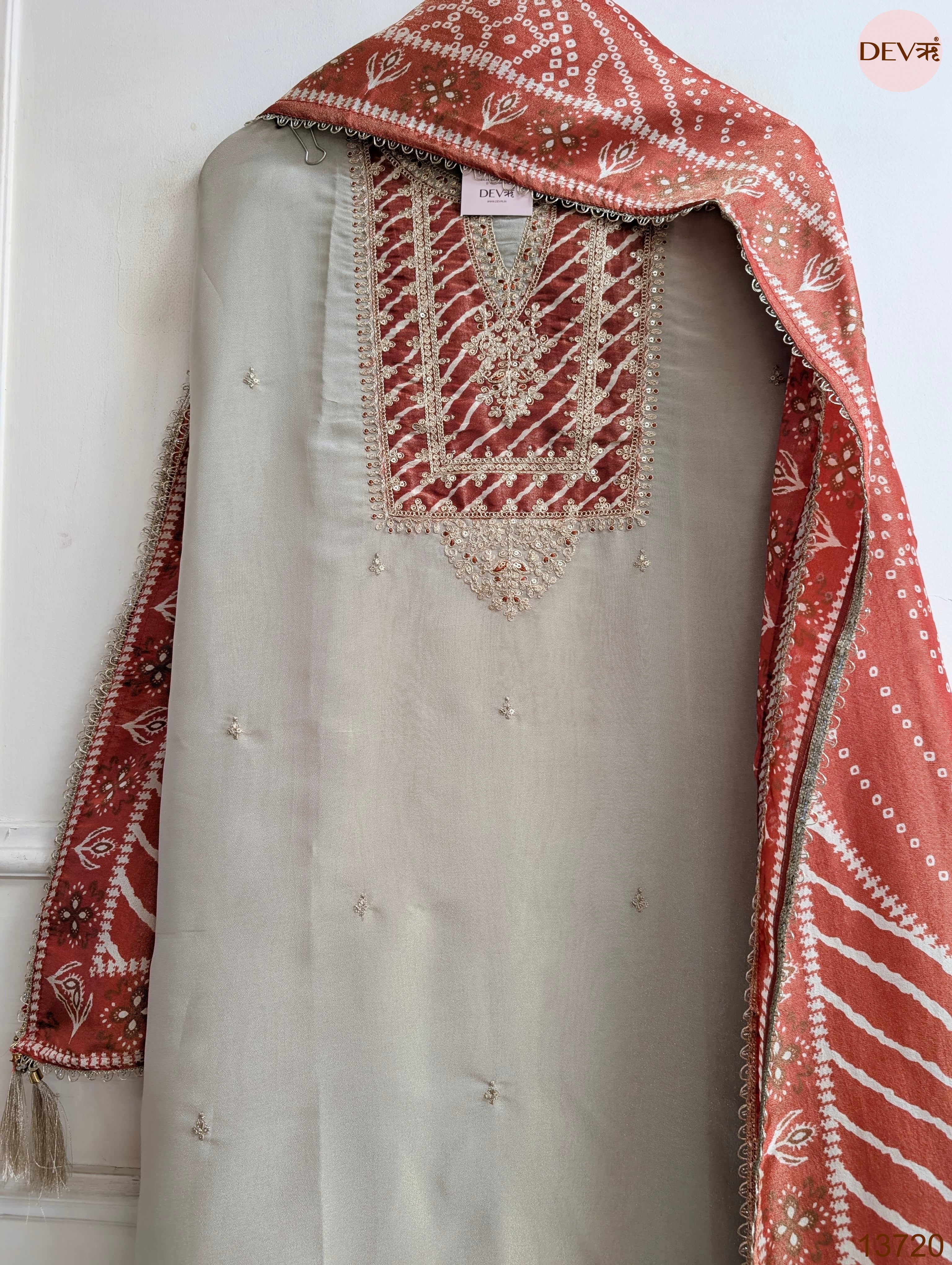 Beige Tissue Silk Embroidered Unstitched 3-Piece Suit (Devri – D.No 13720)