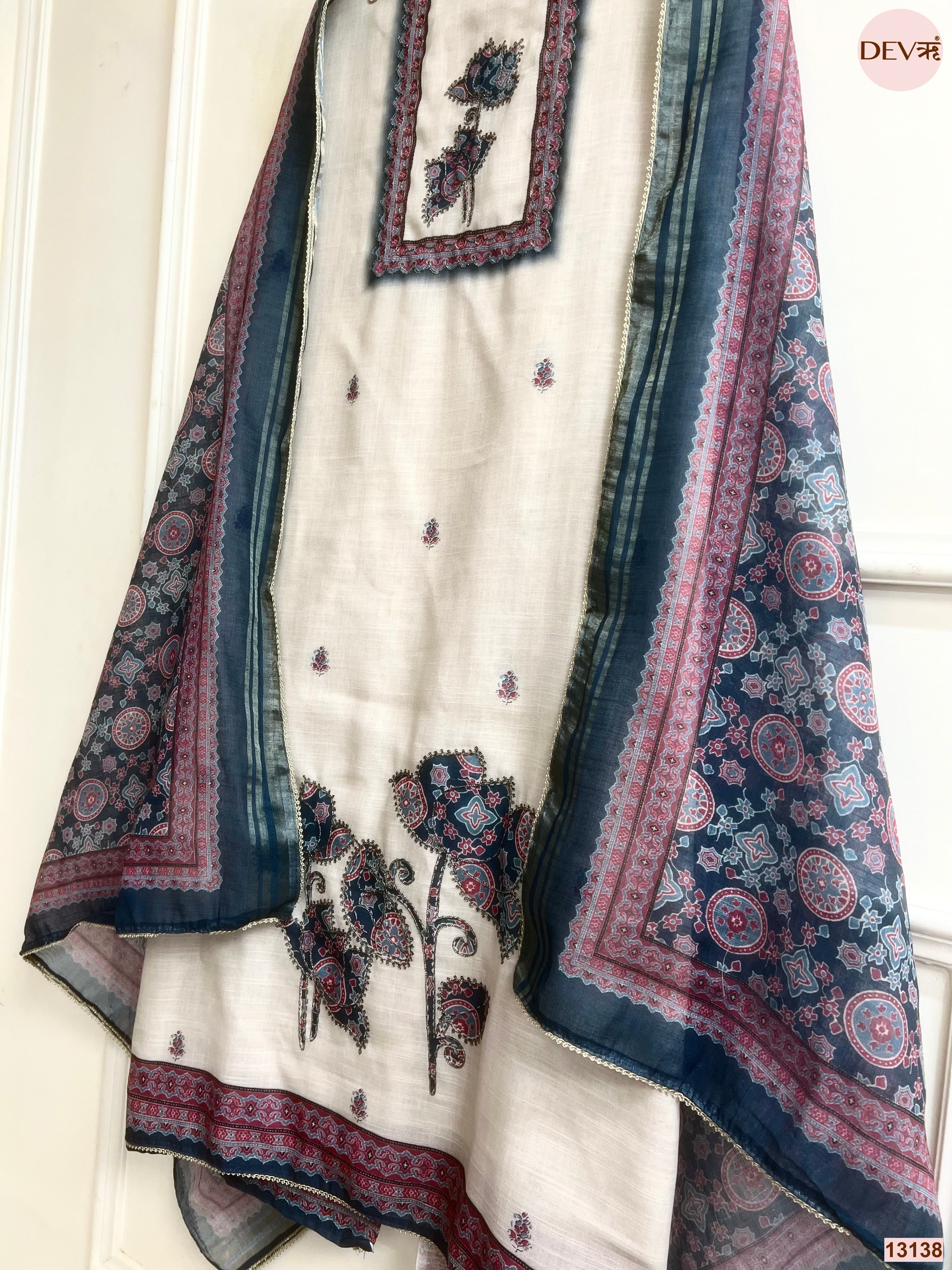 Cream Linen Printed Unstitched 3-Piece Suit (Devri – D.No 13138)