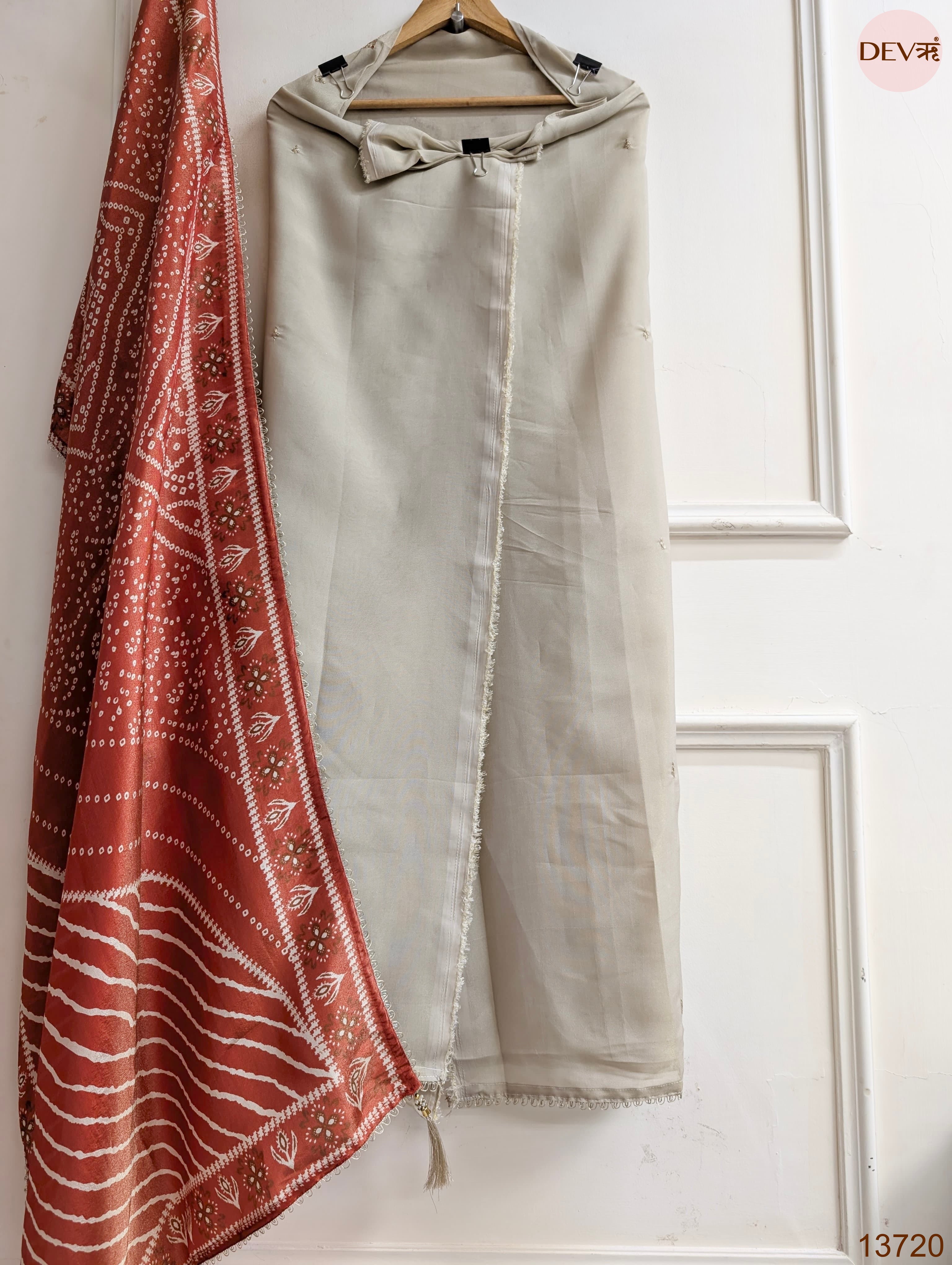 Beige Tissue Silk Embroidered Unstitched 3-Piece Suit (Devri – D.No 13720)