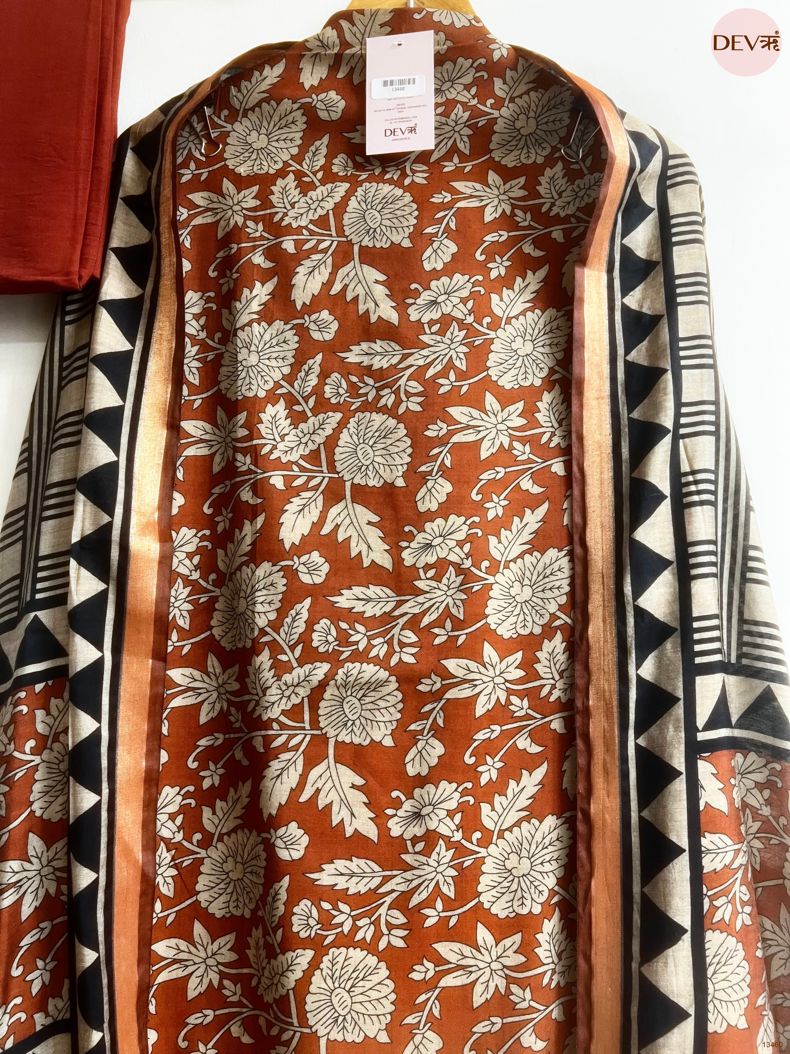Rust Maheshwari Silk Printed Unstitched 3-Piece Suit (Devri – D.No 13460)