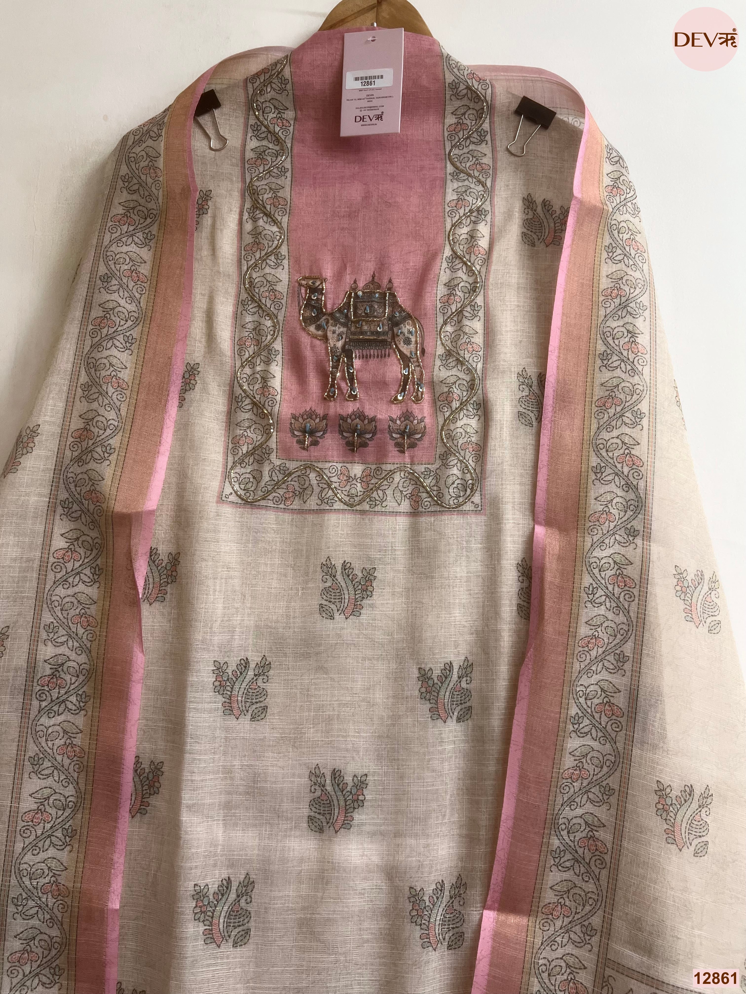 Pink Linen Cotton Printed Unstitched 3-Piece Suit (Devri – D.No 12861)