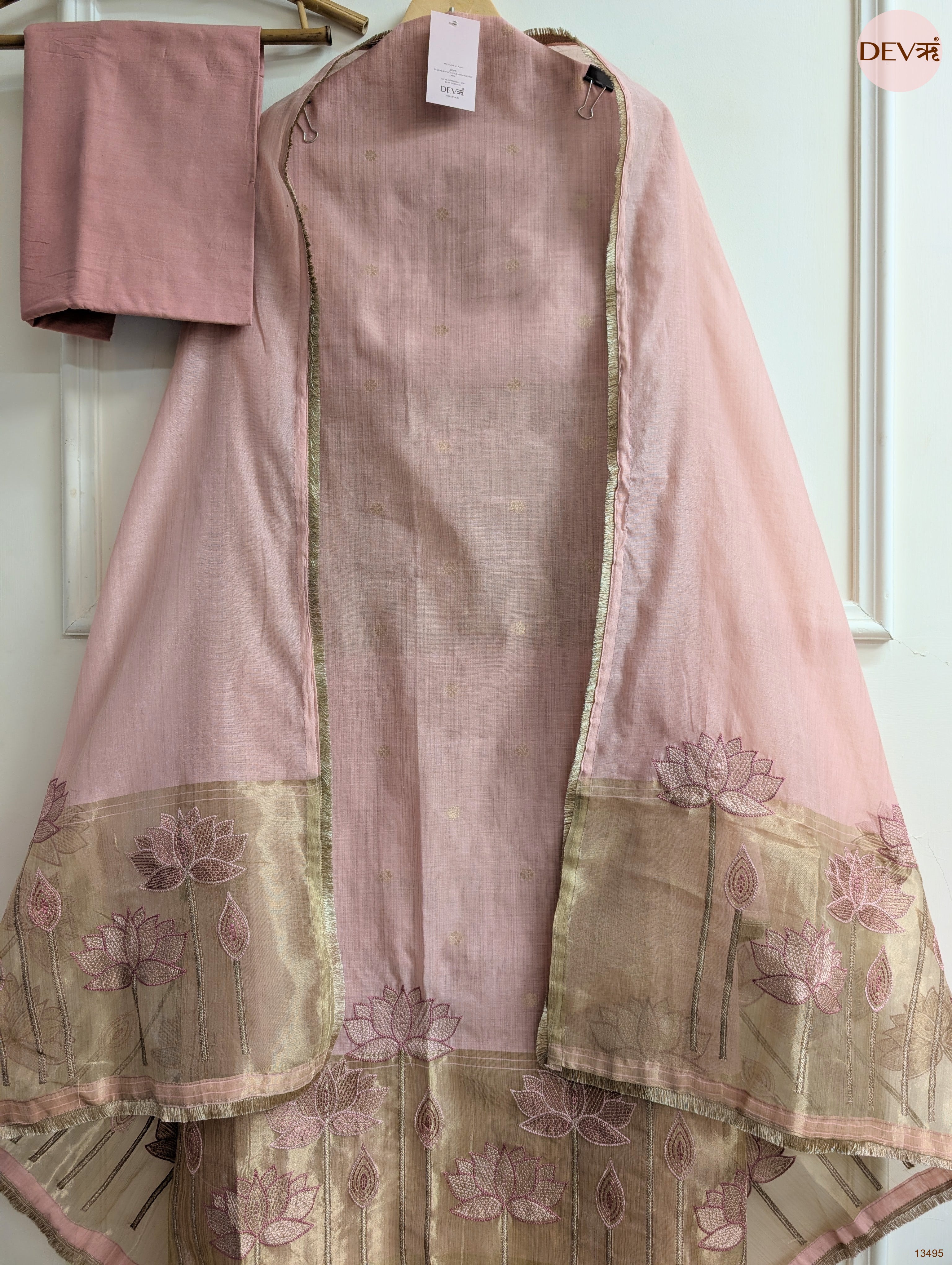Pink Banarashi Silk Embroidered Unstitched 3-Piece Suit (Devri – D.No 13495)