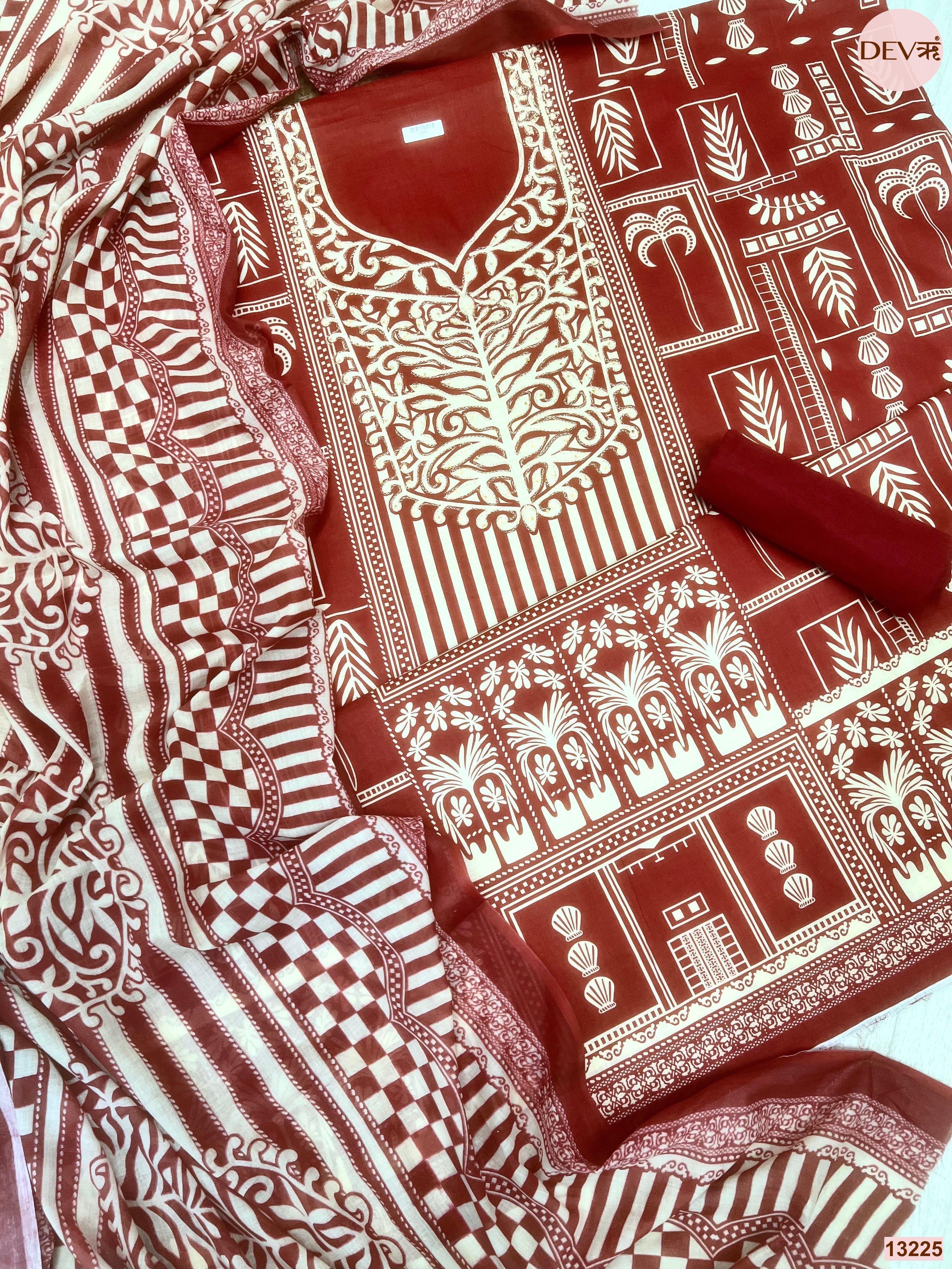 Maroon Cotton Printed Unstitched 3-Piece Suit (Devri – D.No 13225)