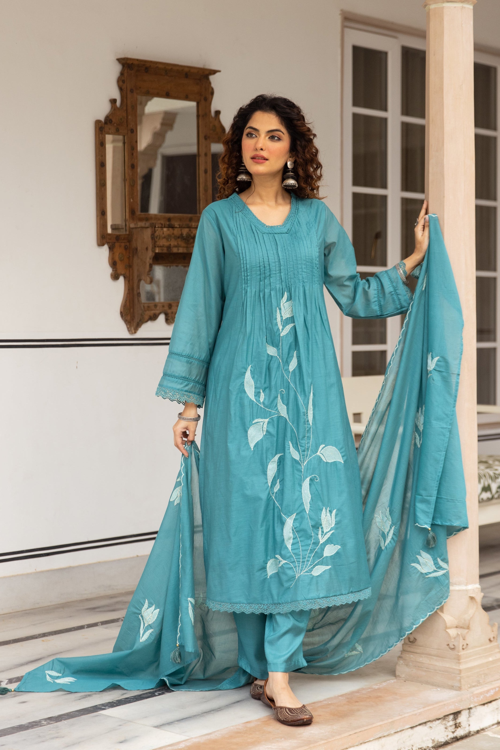 Neelambara Mul cotton Embroidered Teal 3-Piece Set (Devri – D.No 21064)