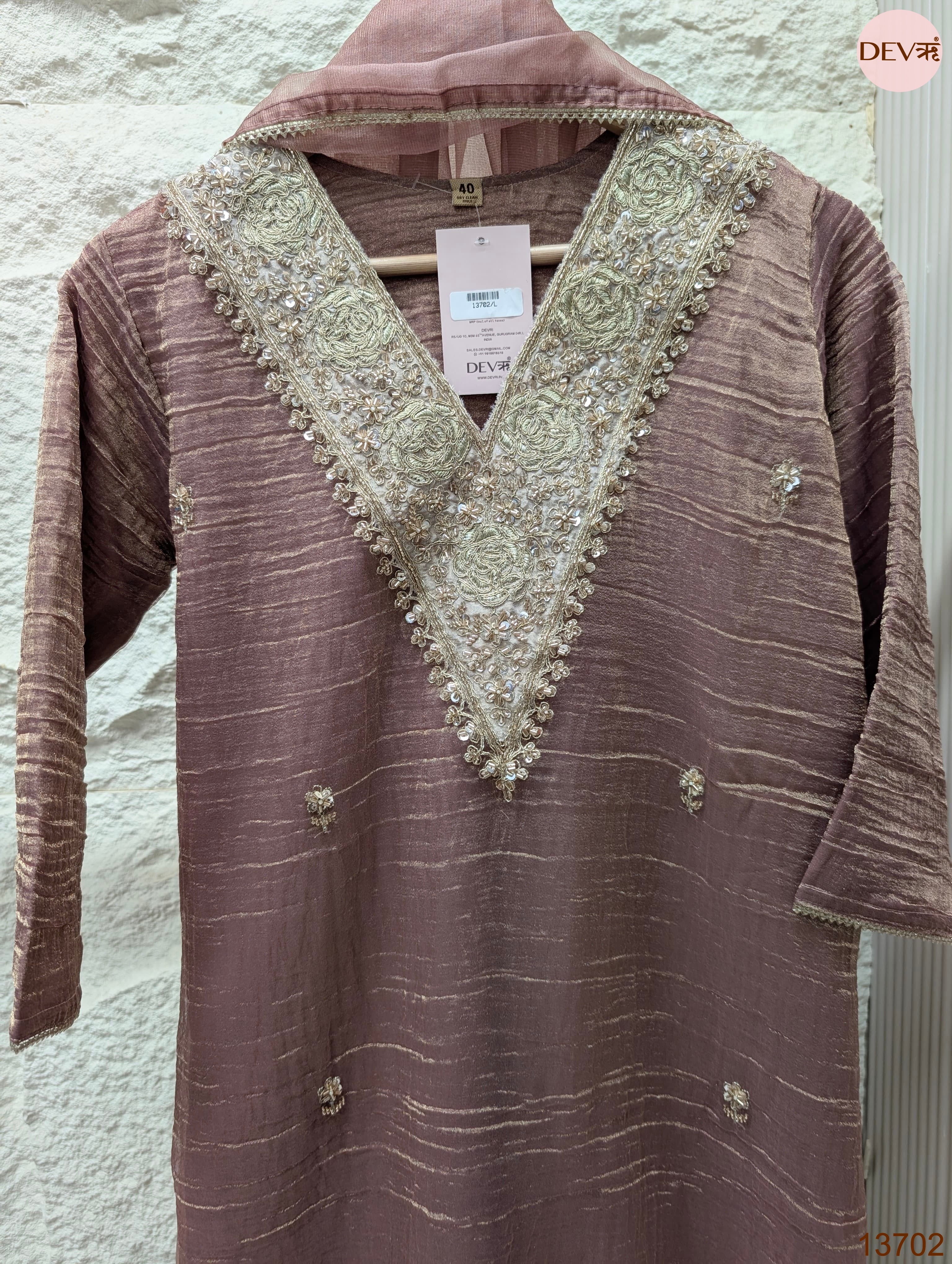 Gulnaar Tissue silk Embroidered Mauve 3-Piece Set (Devri – D.No 13702)