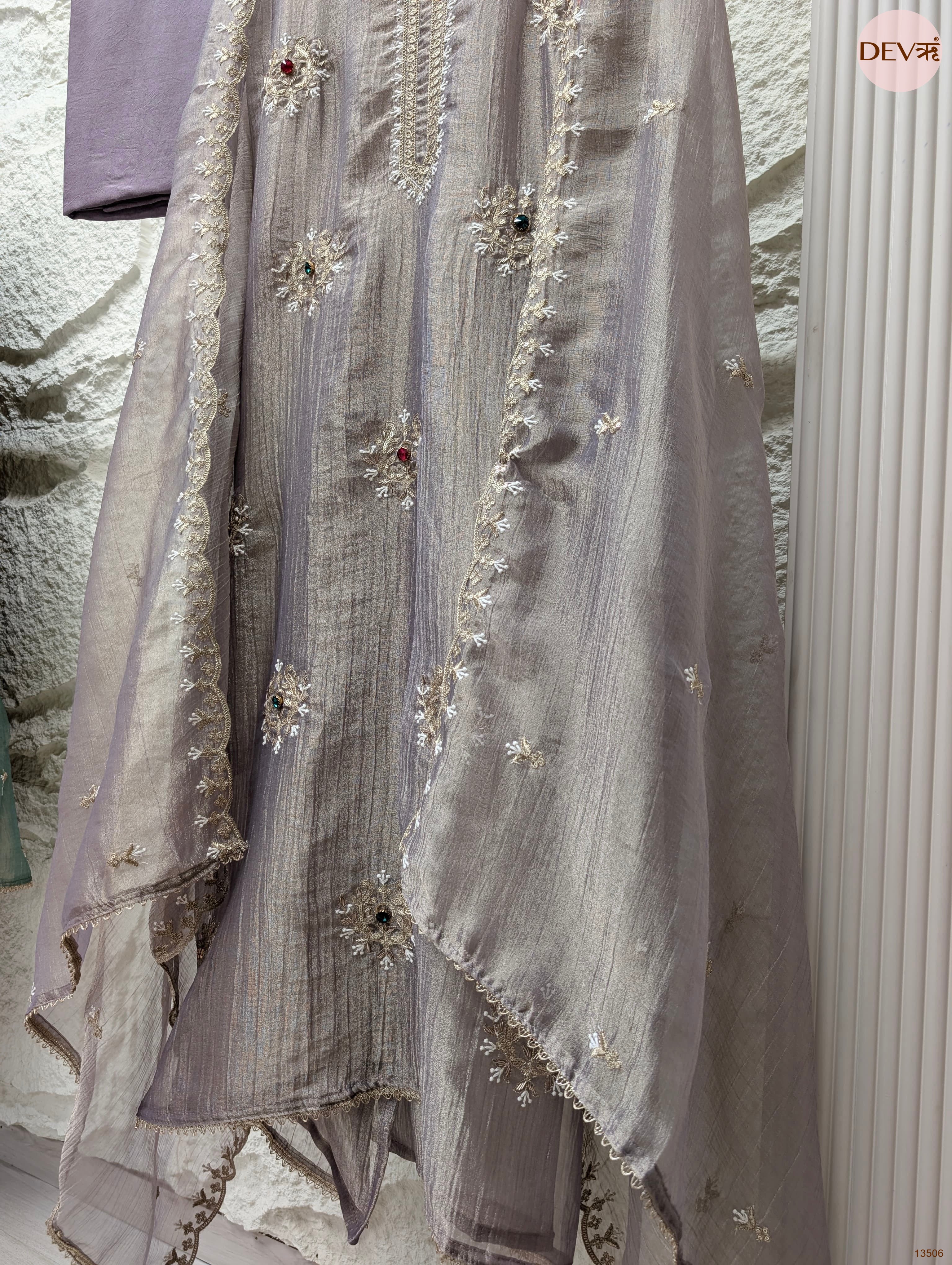 Mauve Tissue Crush Silk Embroidered Unstitched 3-Piece Suit (Devri – D.No 13506)