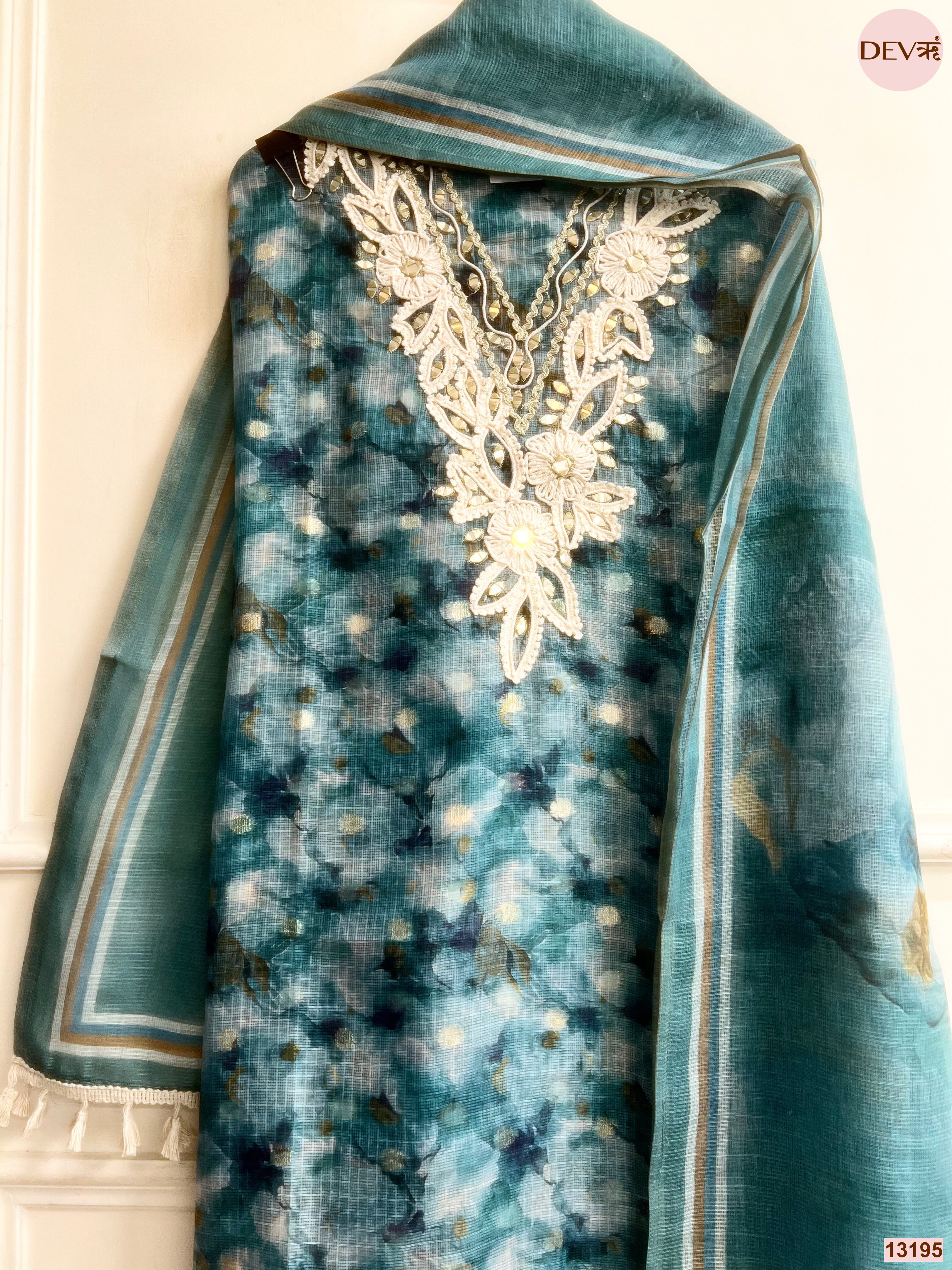 Teal Kota Zari Embroidered Unstitched 3-Piece Suit (Devri – D.No 13195)