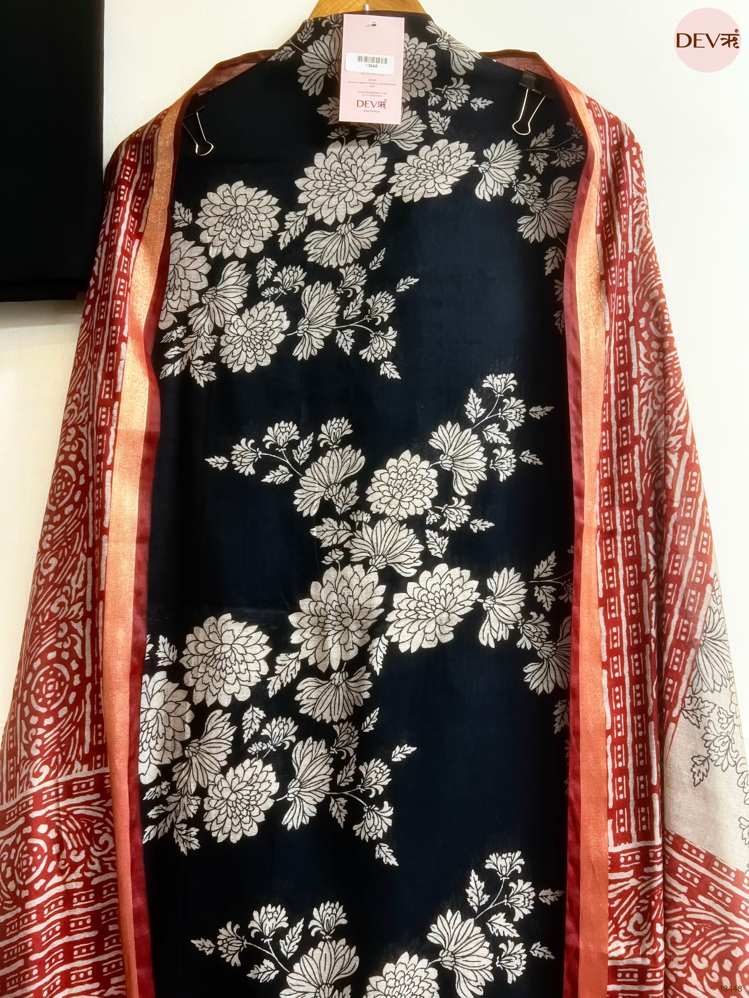 Black Maheshwari Silk Printed Unstitched 3-Piece Suit (Devri – D.No 13448)
