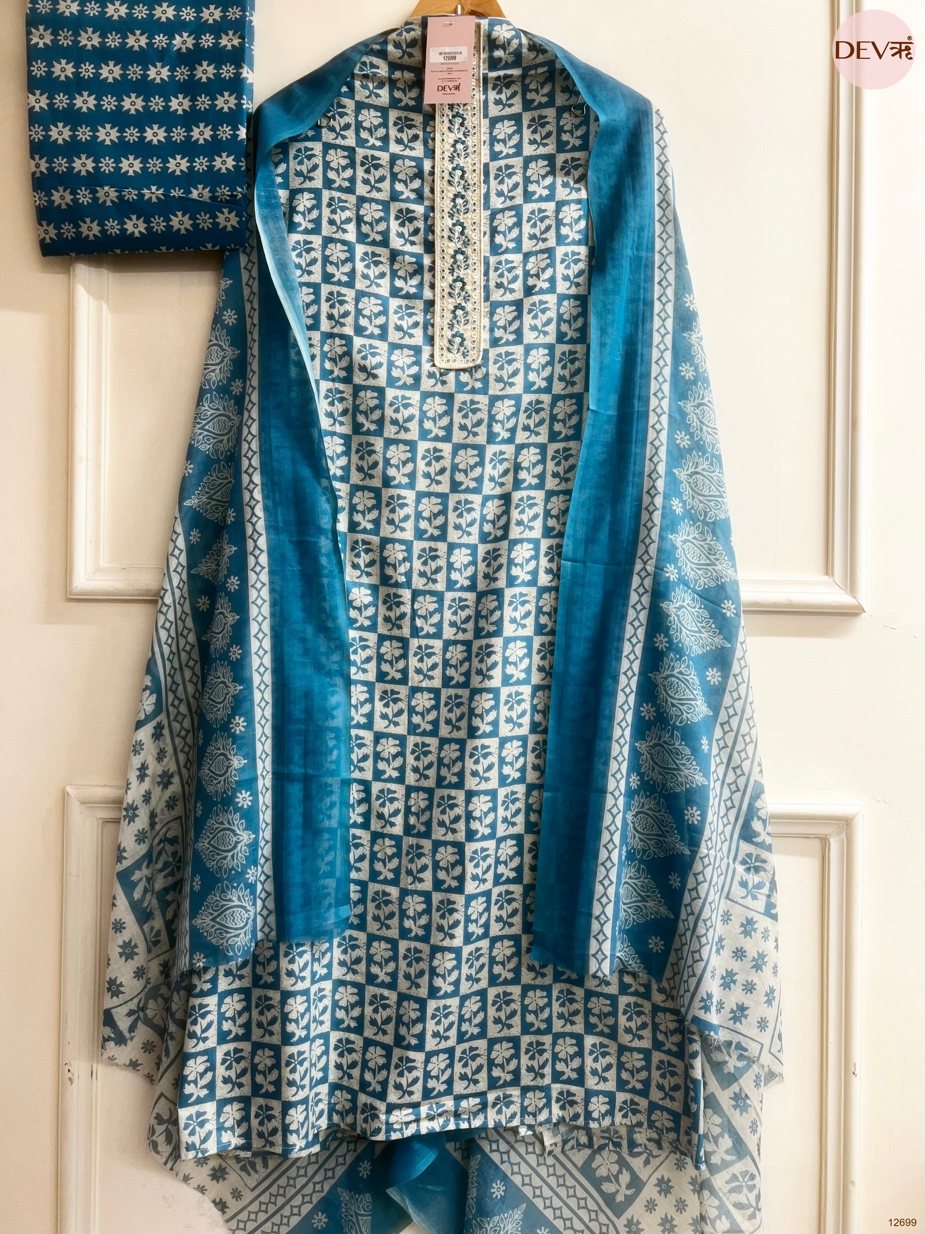 Blue Cotton Printed Unstitched 3-Piece Suit (Devri – D.No 12699)