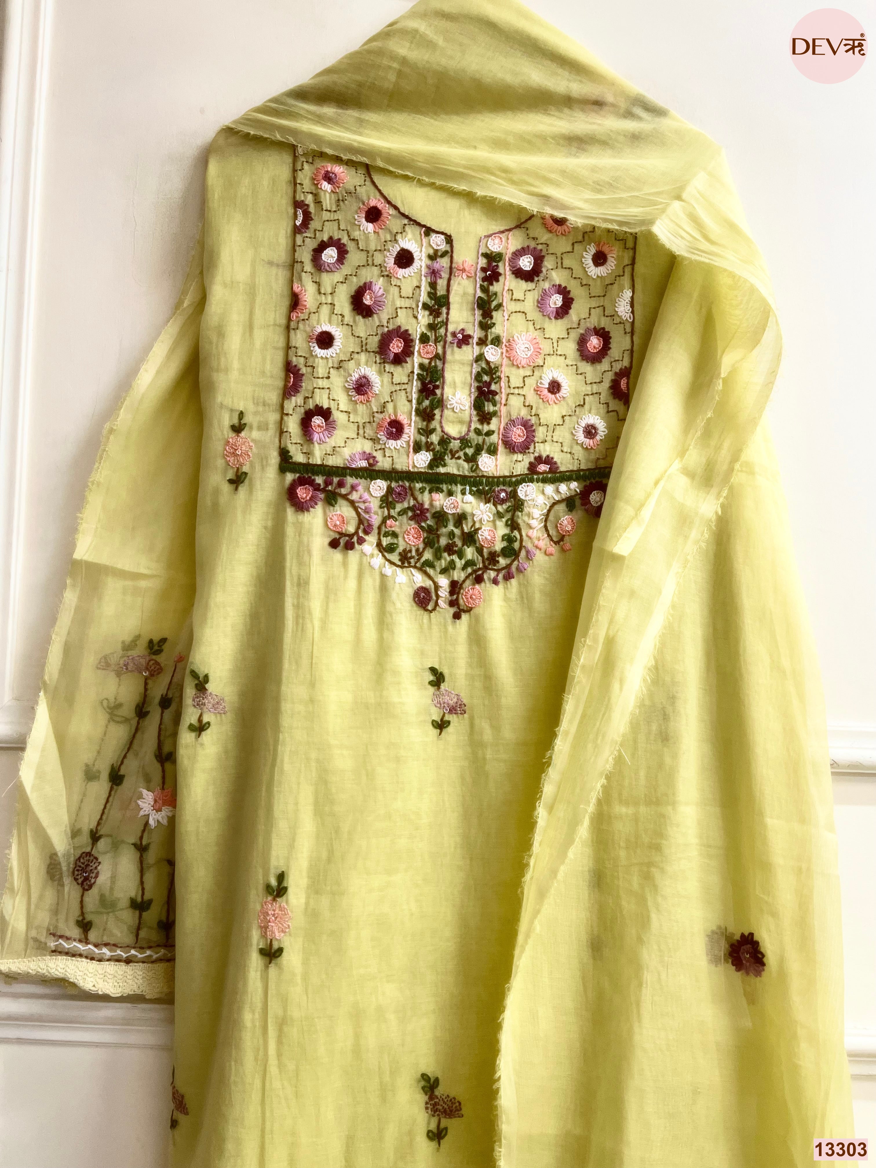 Yellow Mul Chanderi Embroidered Unstitched 3-Piece Suit (Devri – D.No 13303)