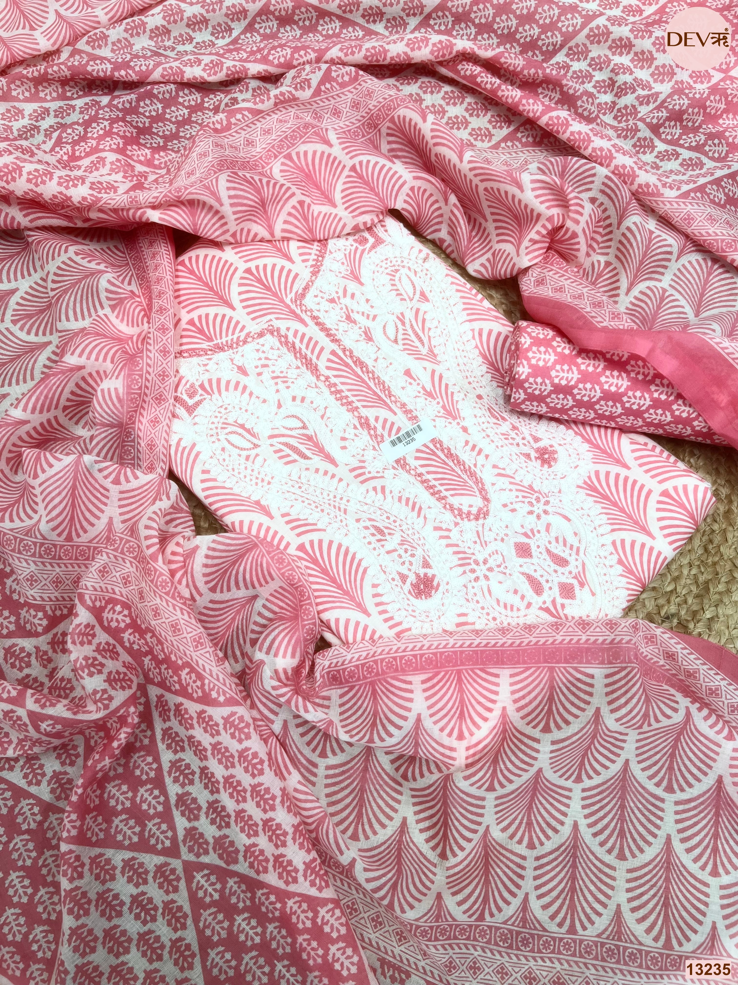 Pink Cotton Printed Unstitched 3-Piece Suit (Devri – D.No 13235)