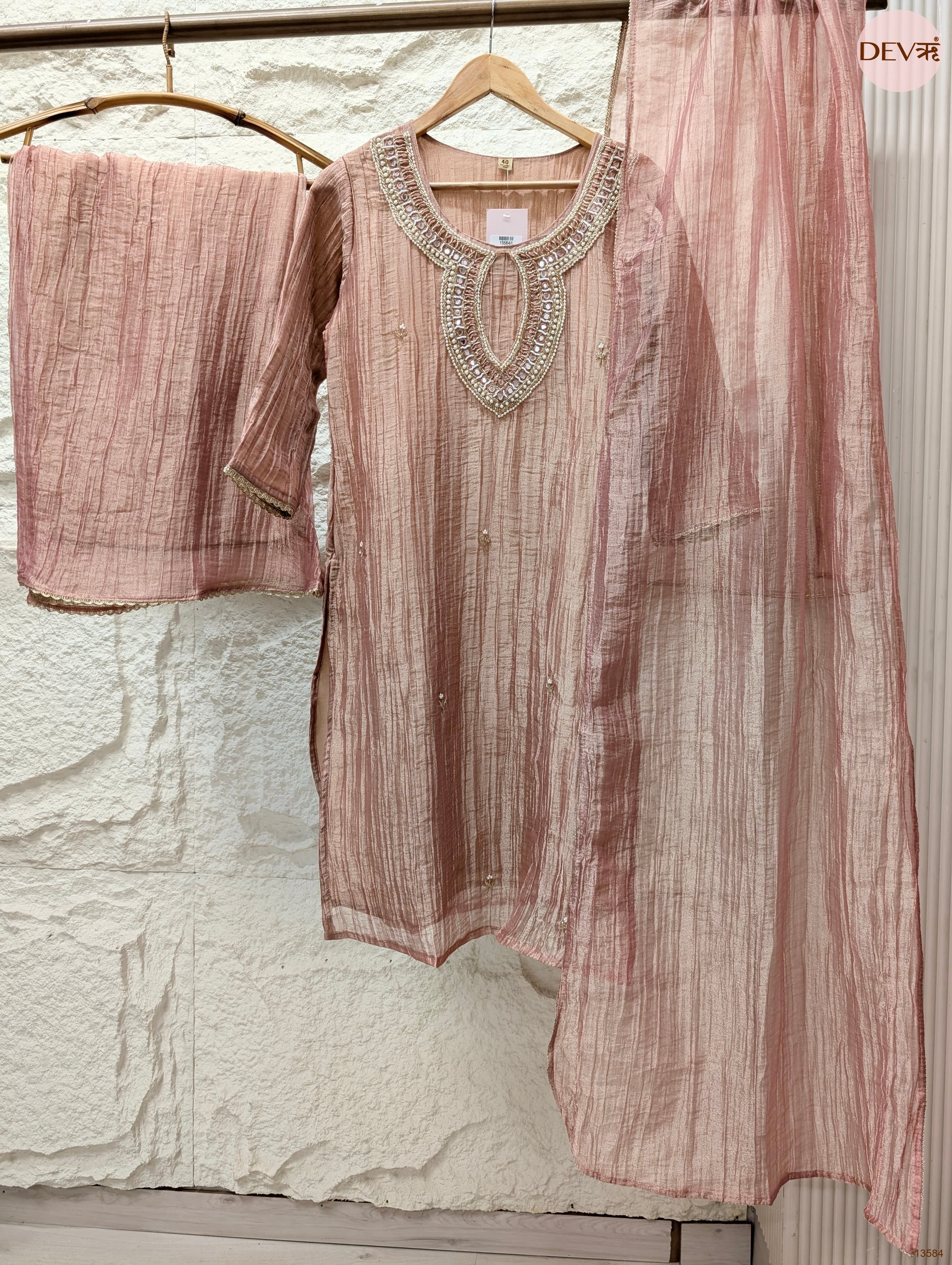 Gulnaar Tissue crush silk Embroidered Dusty Pink 3-Piece Set (Devri – D.No 13584)