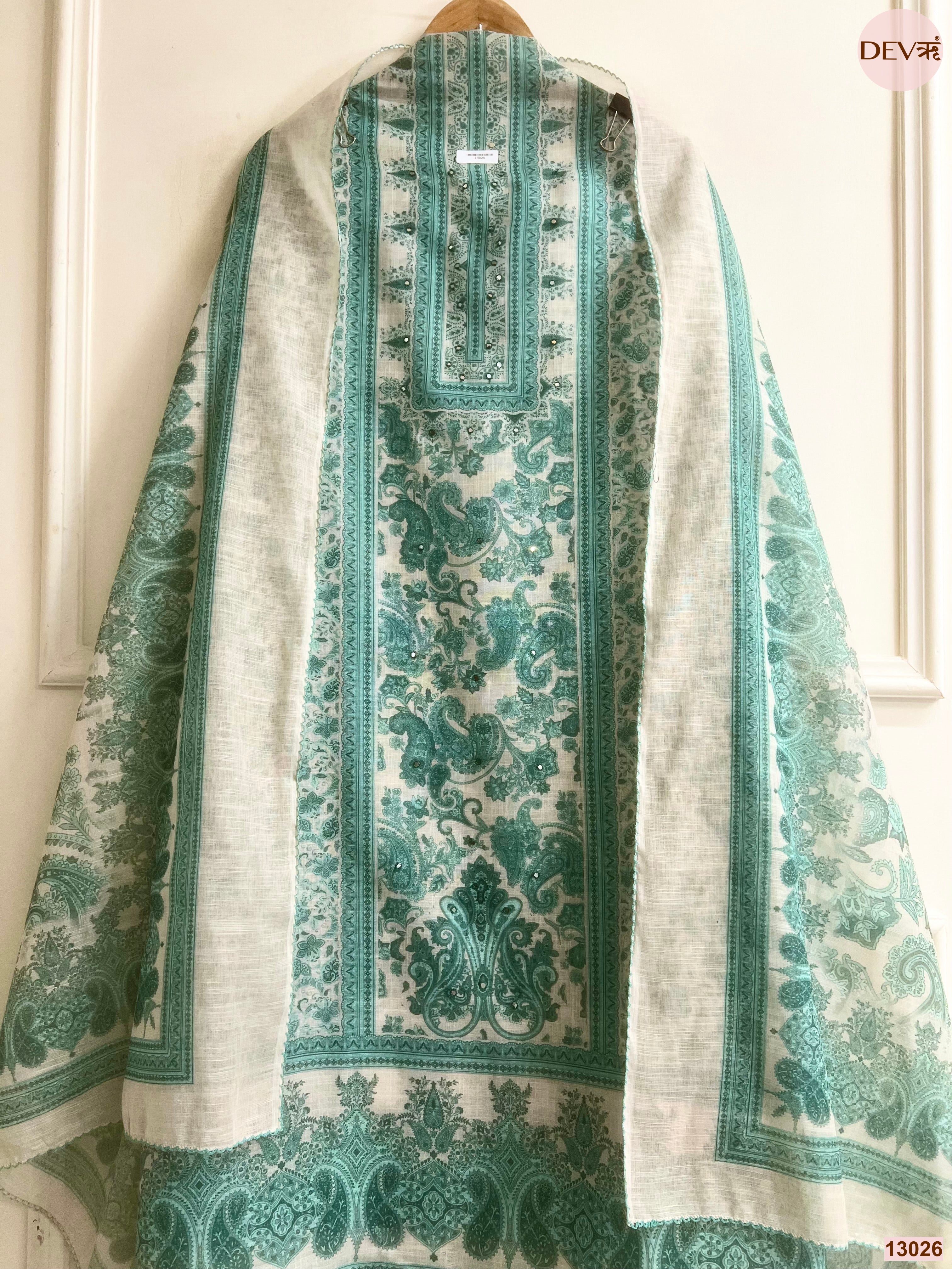 White Linen Printed Unstitched 3-Piece Suit (Devri – D.No 13026)