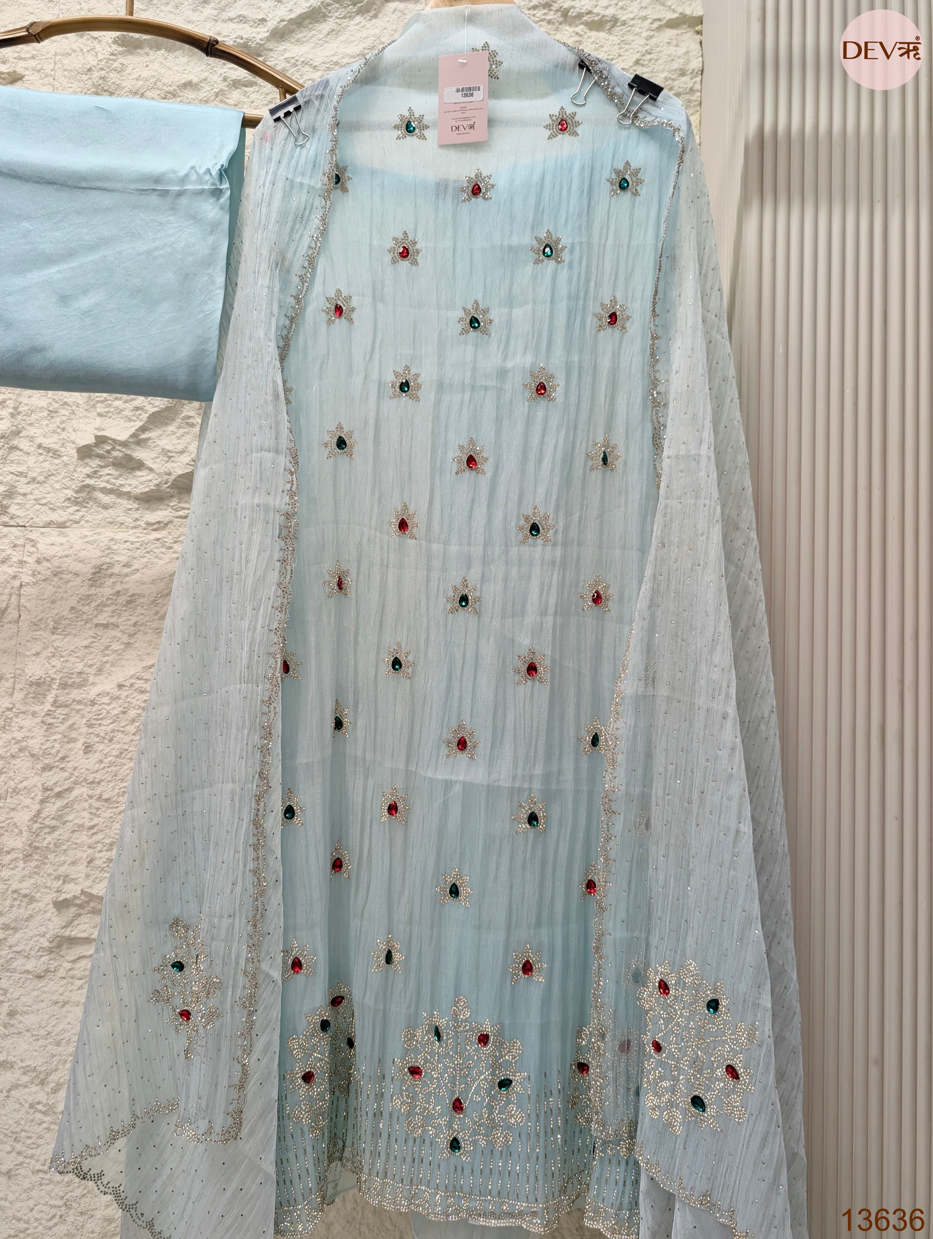Blue Pure Organza Silk Hand Unstitched 3-Piece Suit (Devri – D.No 13636)