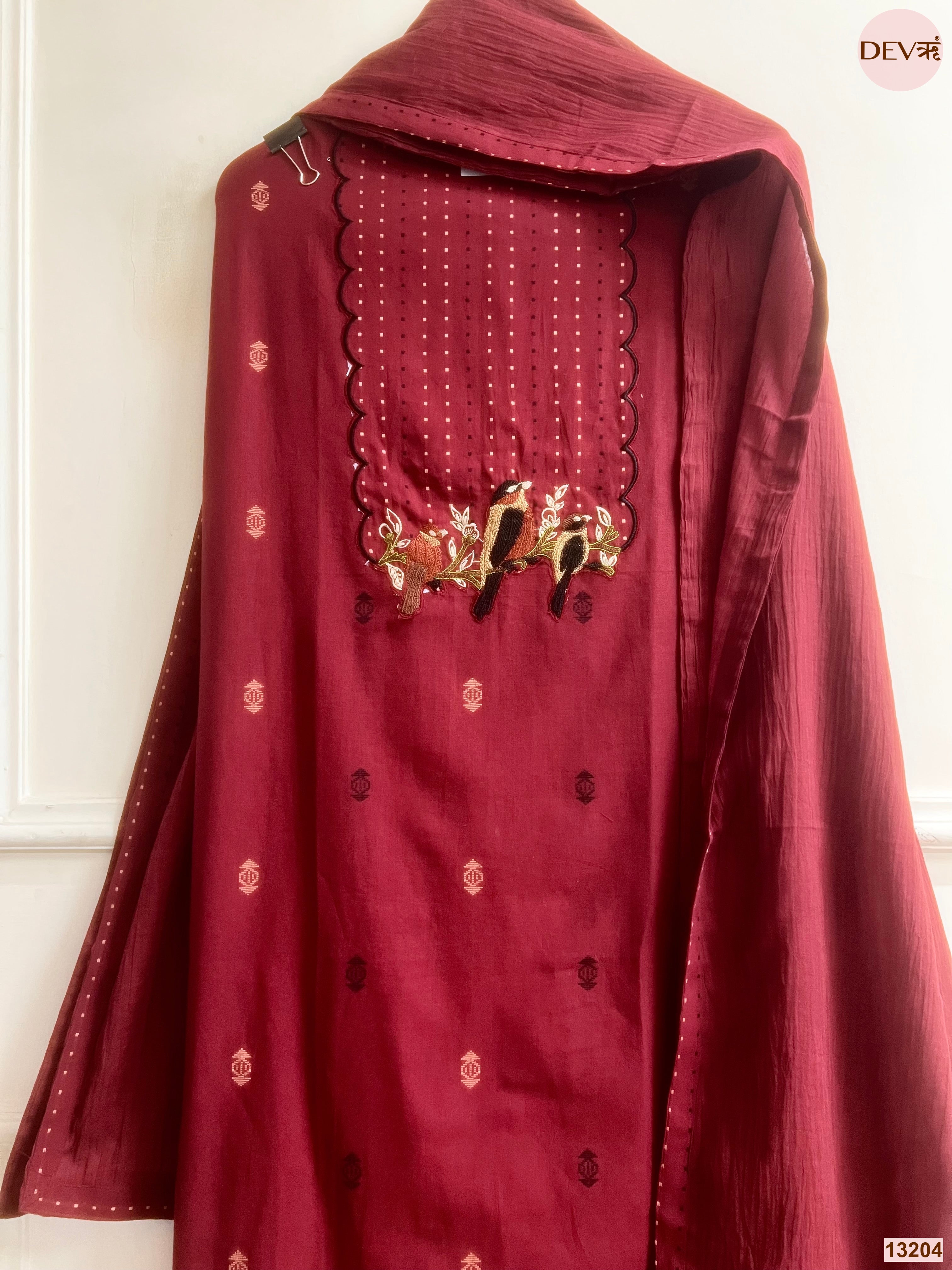 Maroon Embroidered Unstitched 3-Piece Suit (Devri – D.No 13204)