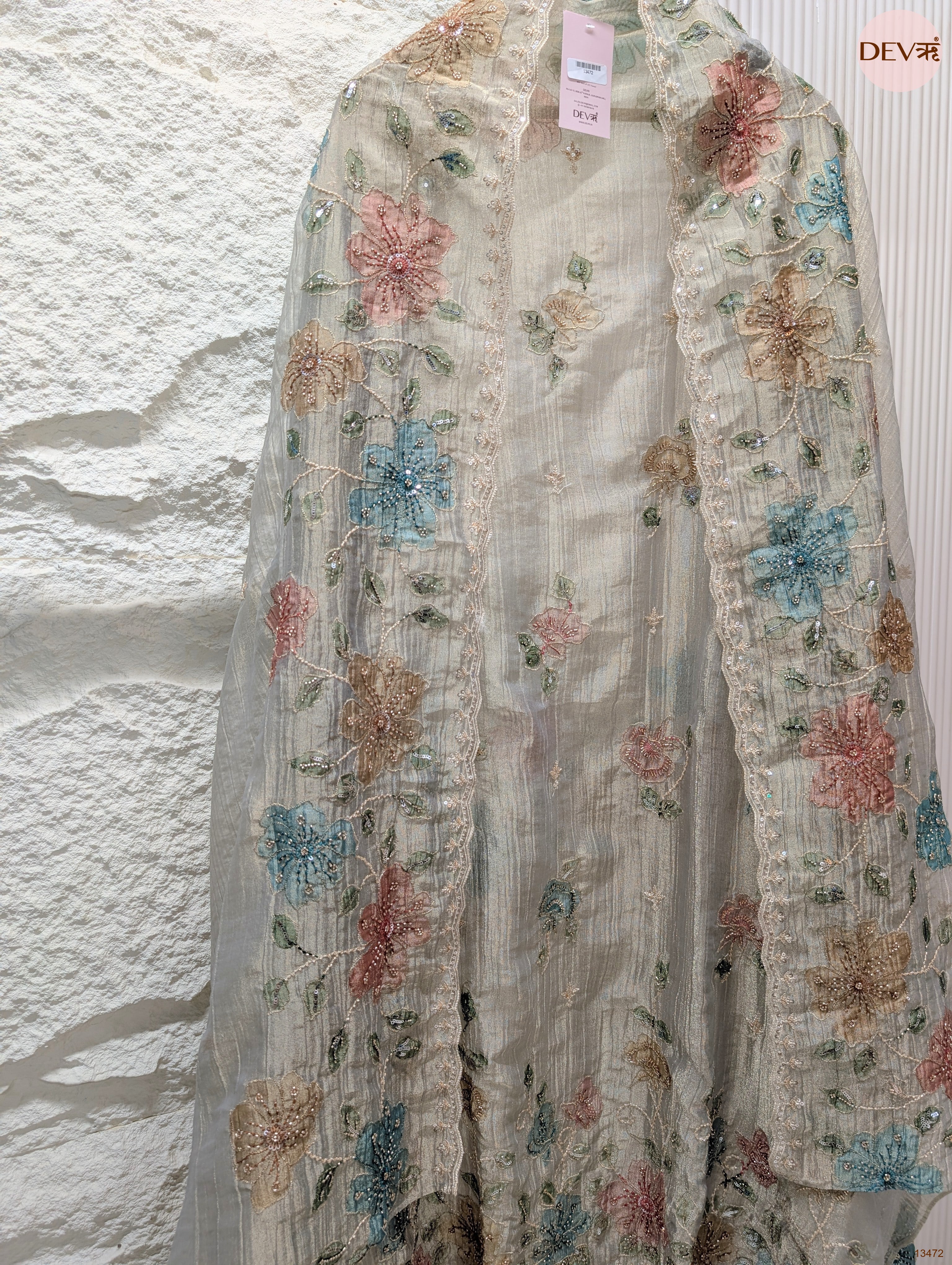 Cream Pure Tissue Crush Silk Embroidered Unstitched 3-Piece Suit (Devri – D.No 13472)
