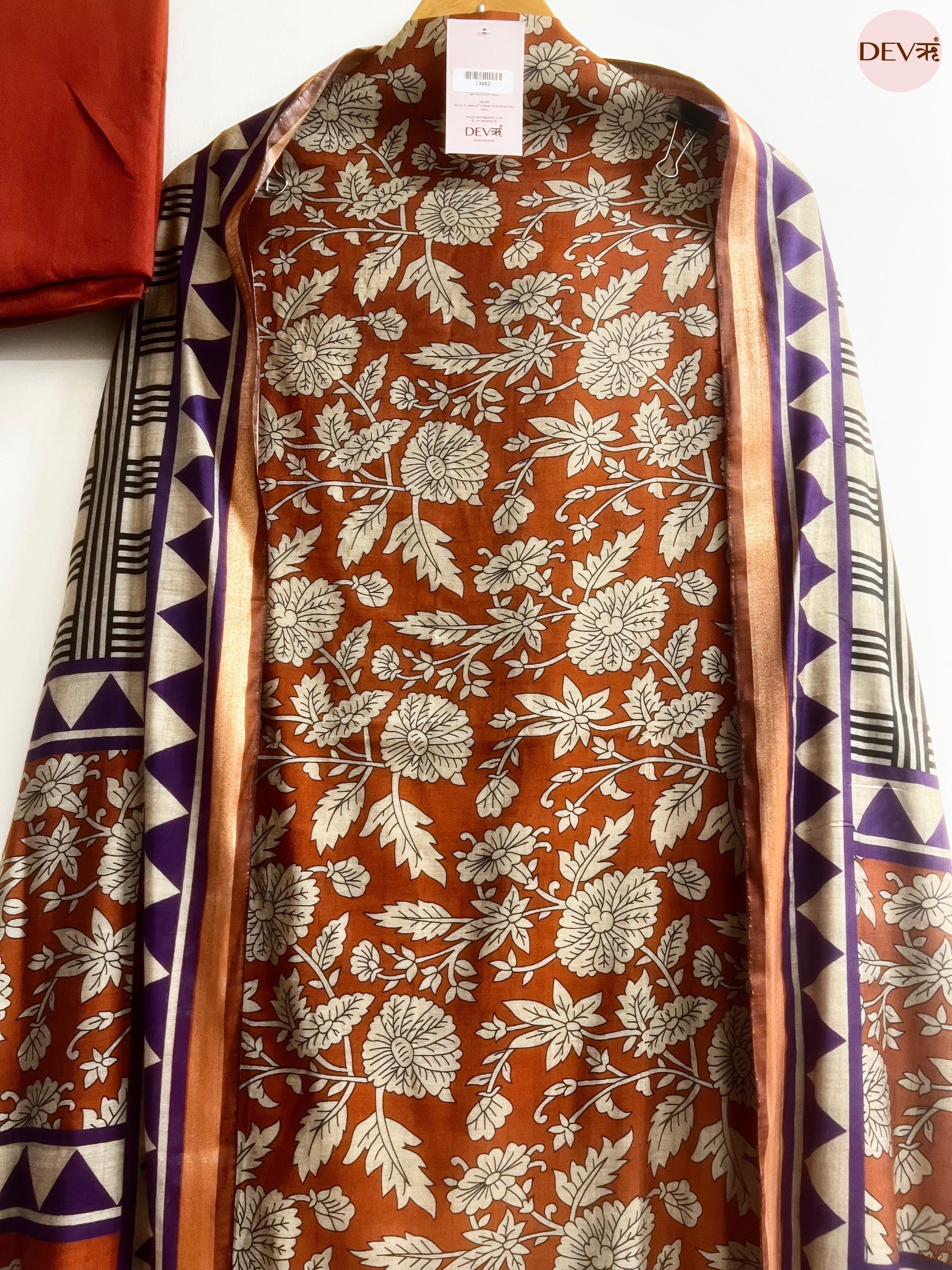 Rust Maheshwari Silk Printed Unstitched 3-Piece Suit (Devri – D.No 13462)