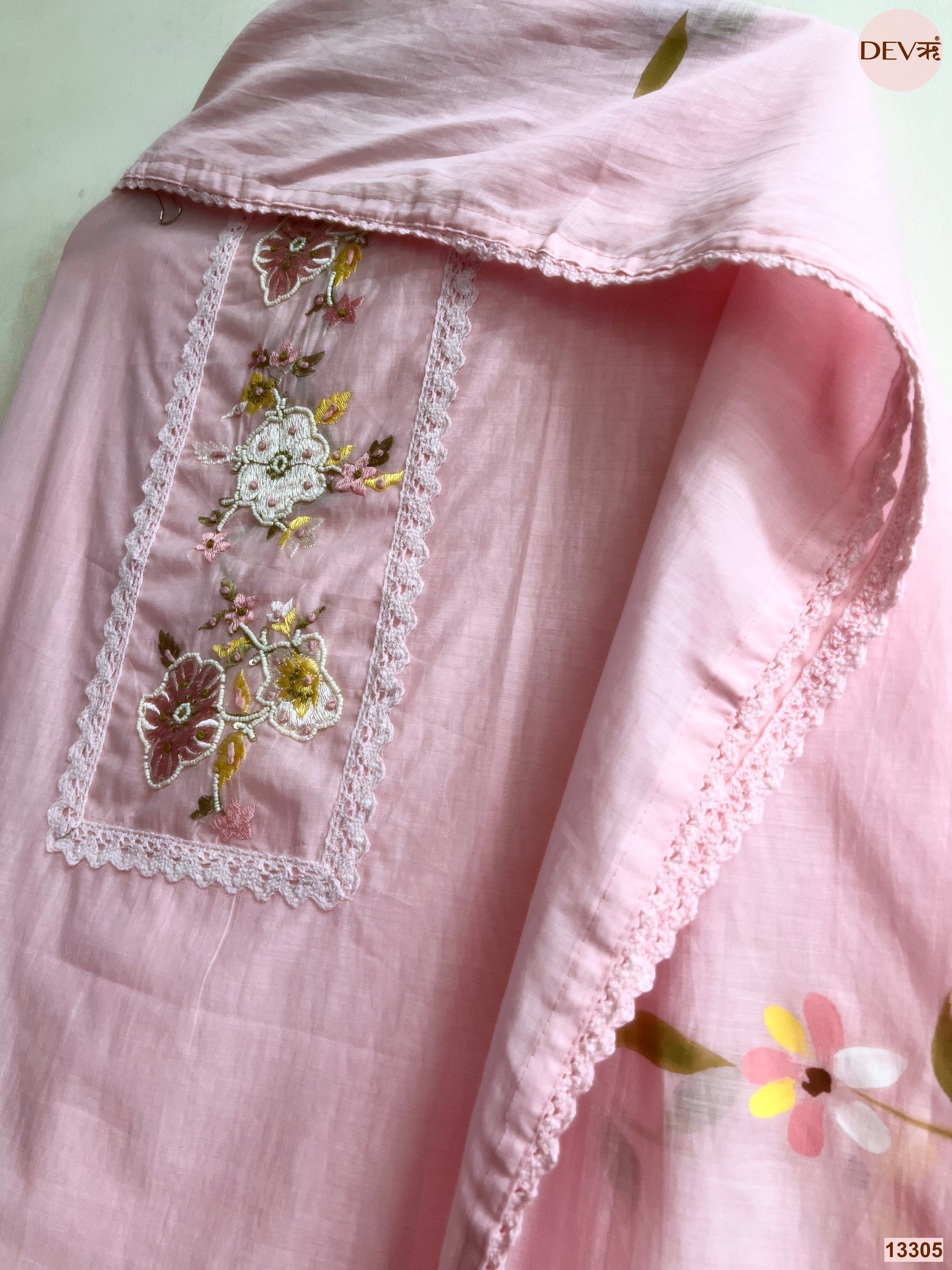 Pink Mul Cotton Embroidered Unstitched 3-Piece Suit (Devri – D.No 13305)