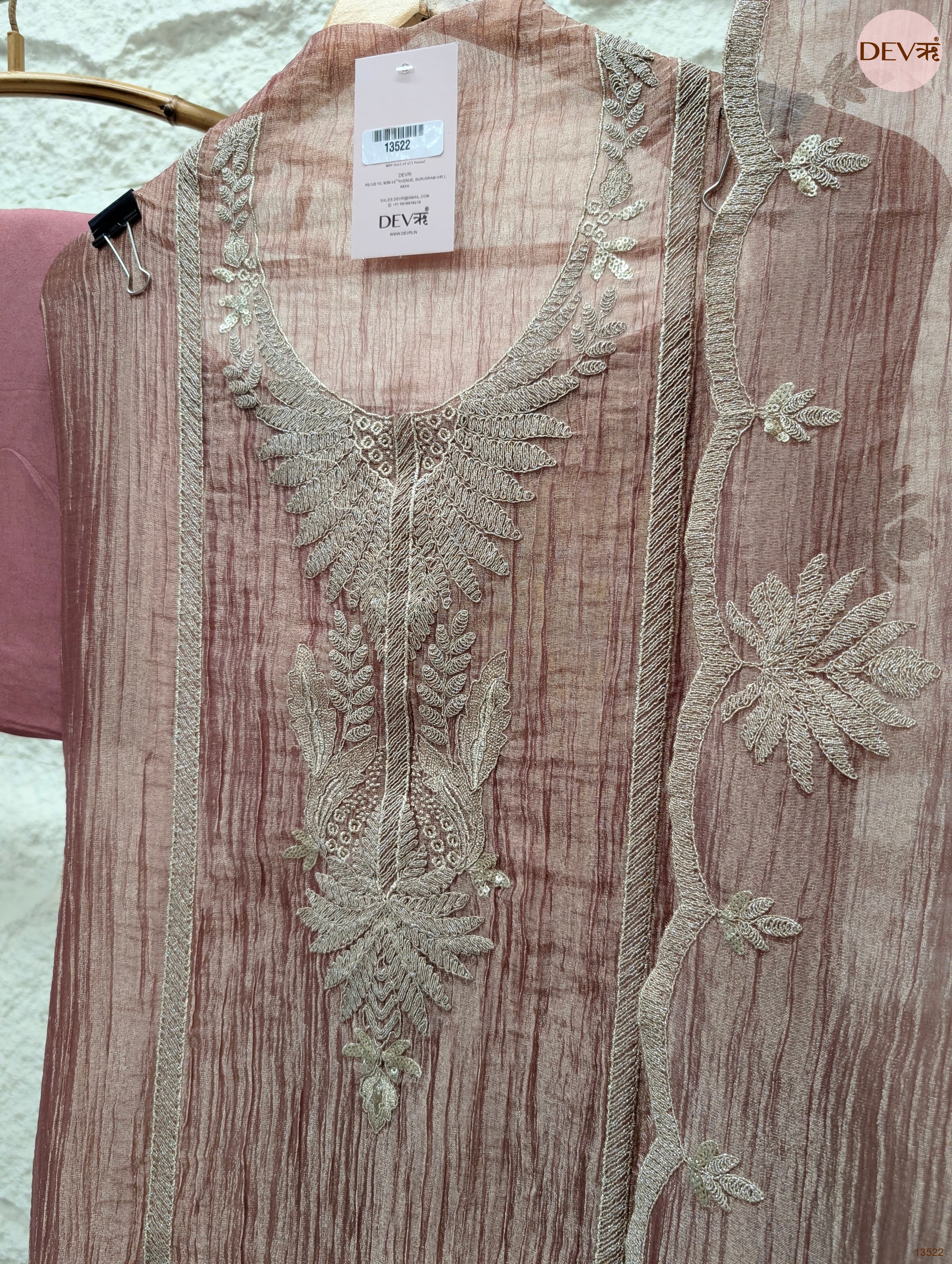 Pink Tissue Crush Silk Embroidered Unstitched 3-Piece Suit (Devri – D.No 13522)