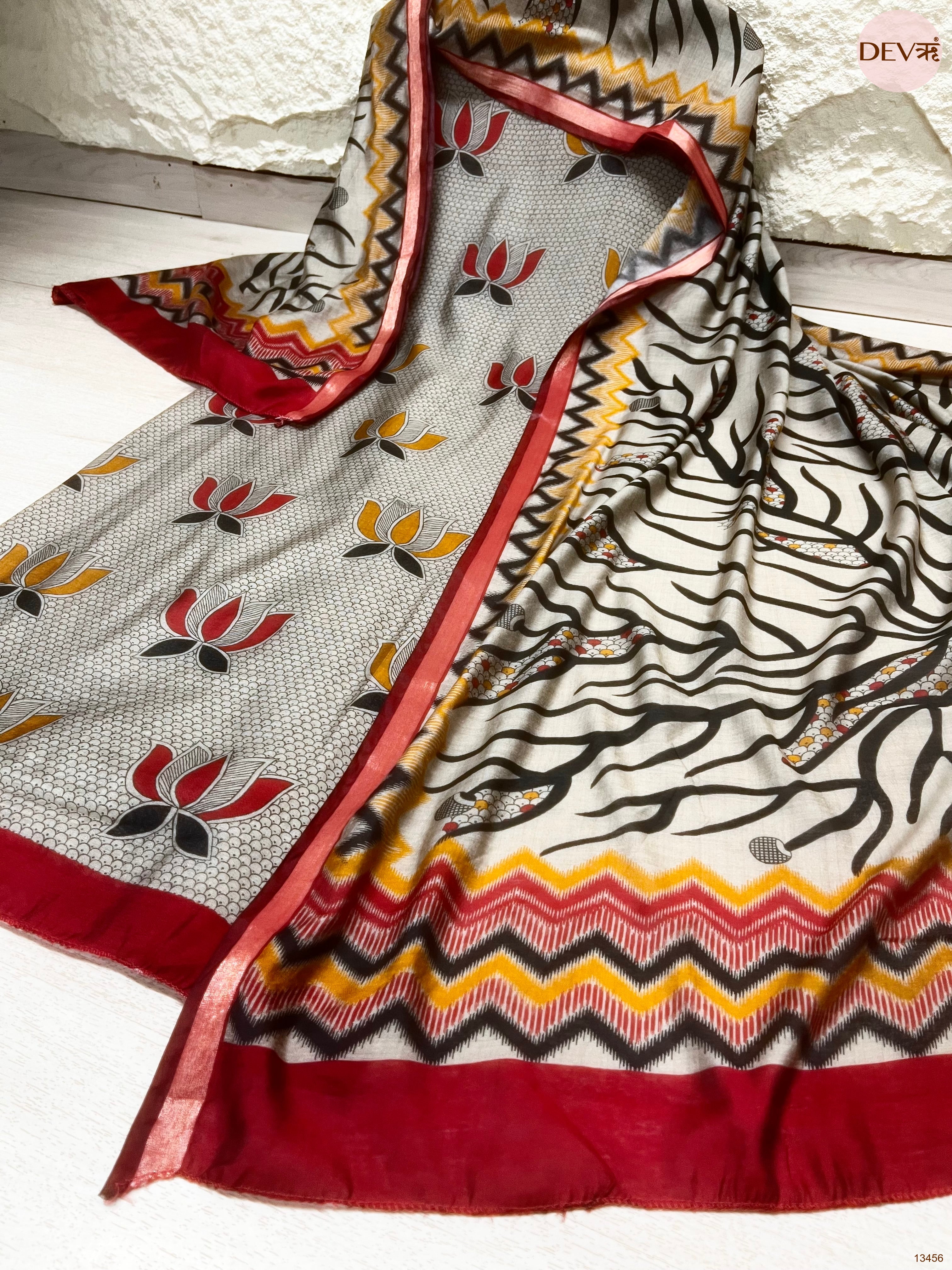 Grey Maheshwari Silk Printed Unstitched 3-Piece Suit (Devri – D.No 13456)