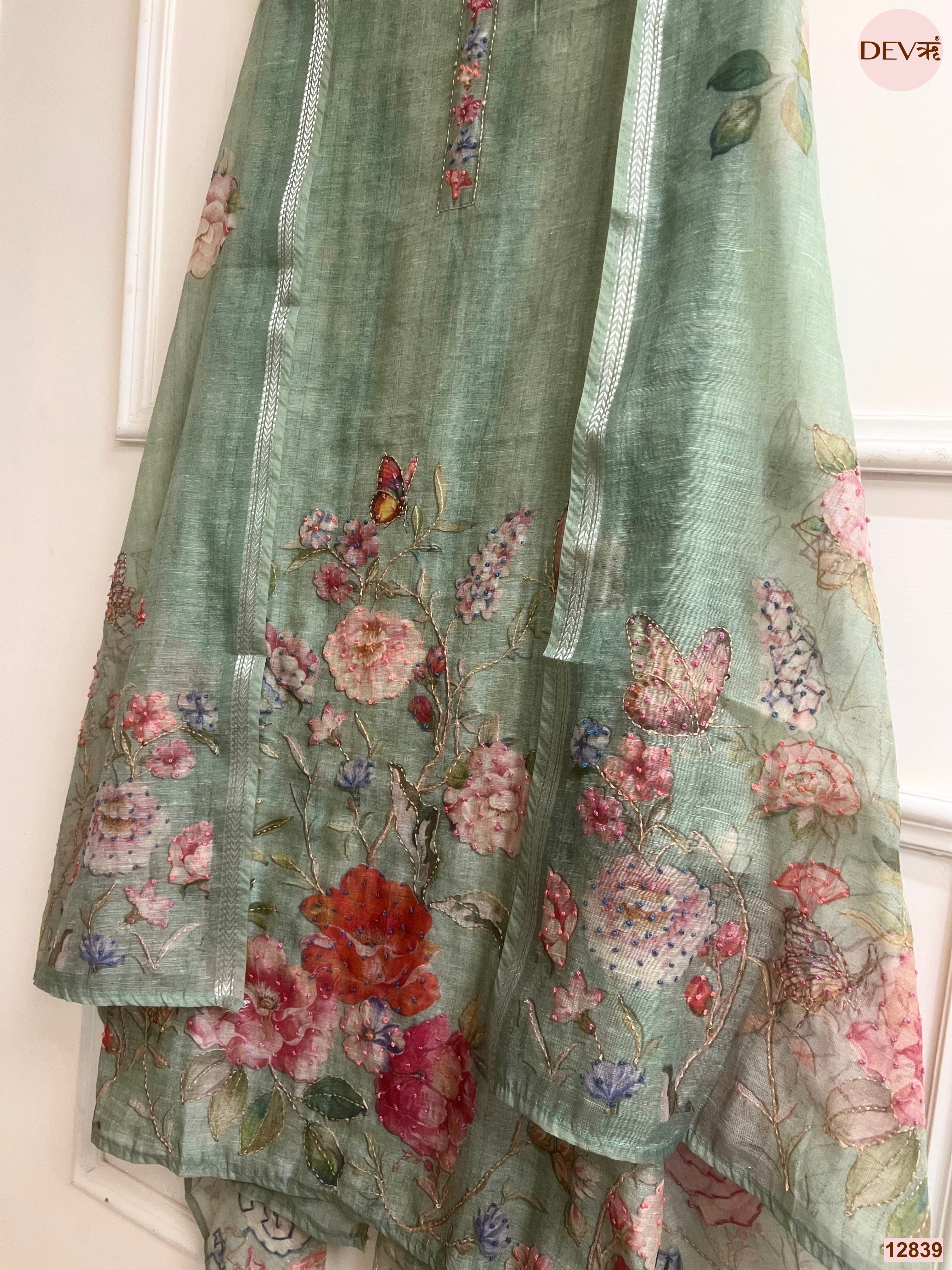 Green Mul Chanderi Embroidered Unstitched 3-Piece Suit (Devri – D.No 12839)