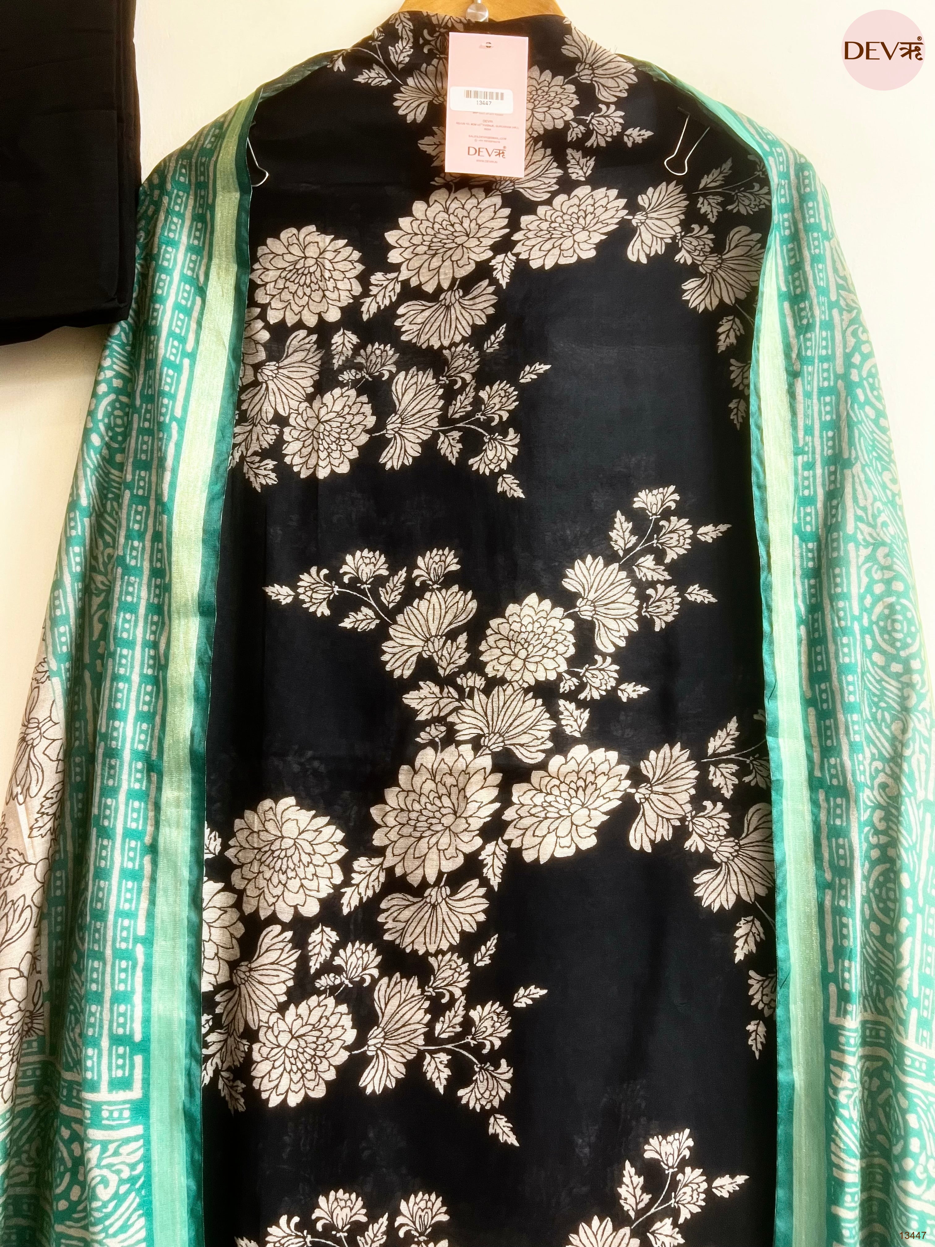 Black Maheshwari Silk Printed Unstitched 3-Piece Suit (Devri – D.No 13447)