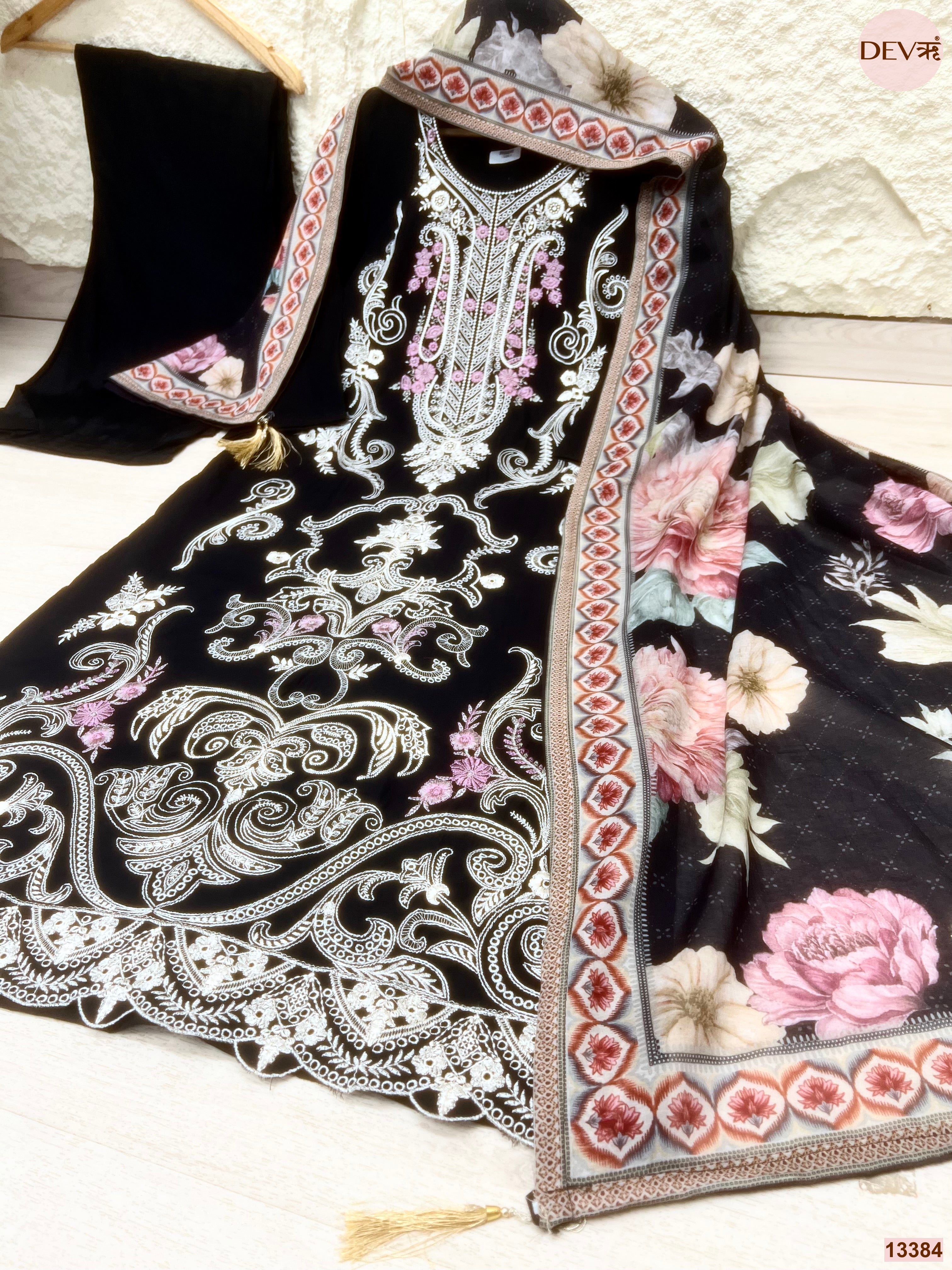 Meher Pure Mul Cotton Embroidered Black 3-Piece Set (Devri – D.No 13384)