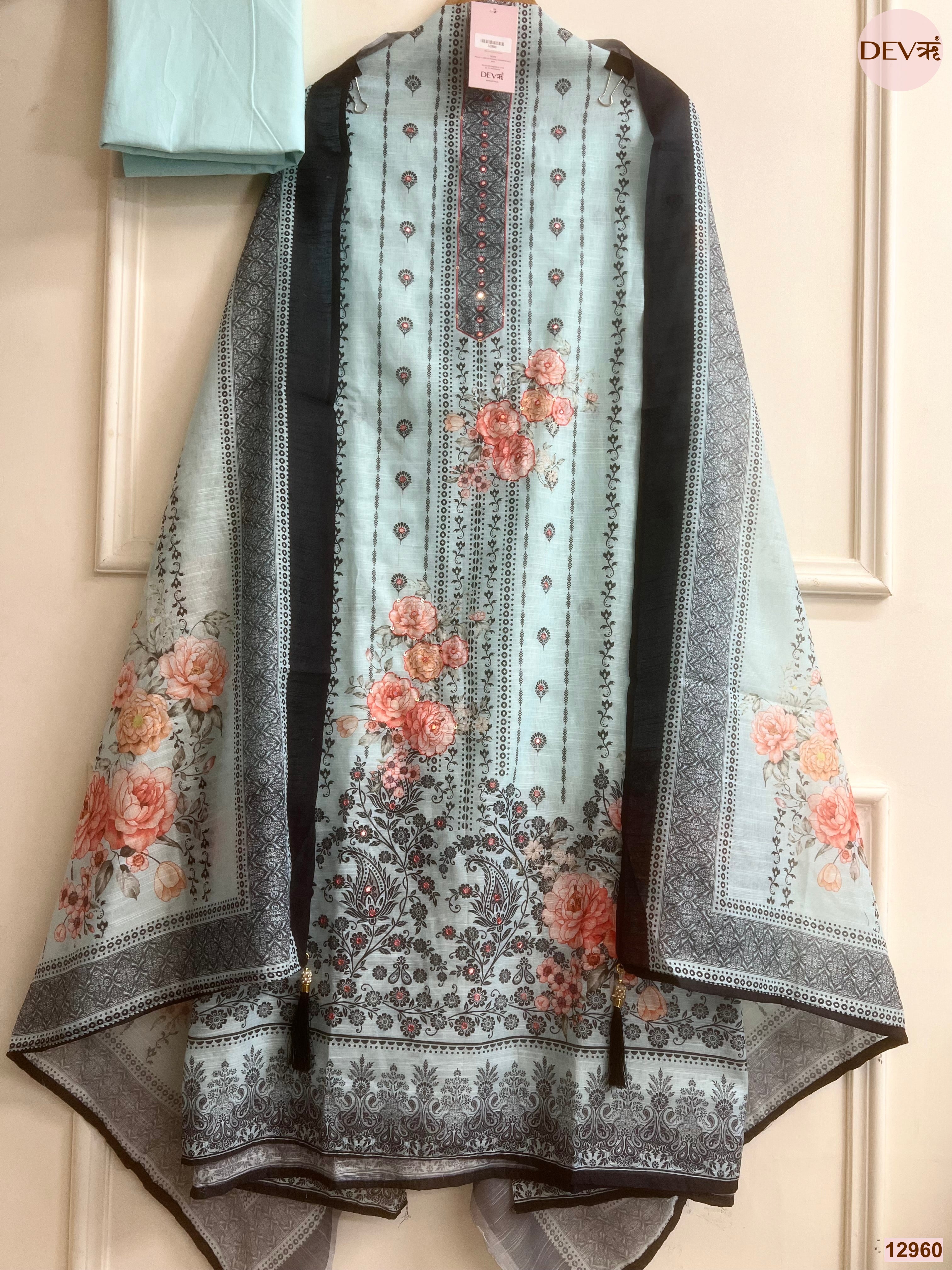 Blue Linen Cotton Printed Unstitched 3-Piece Suit (Devri – D.No 12960)