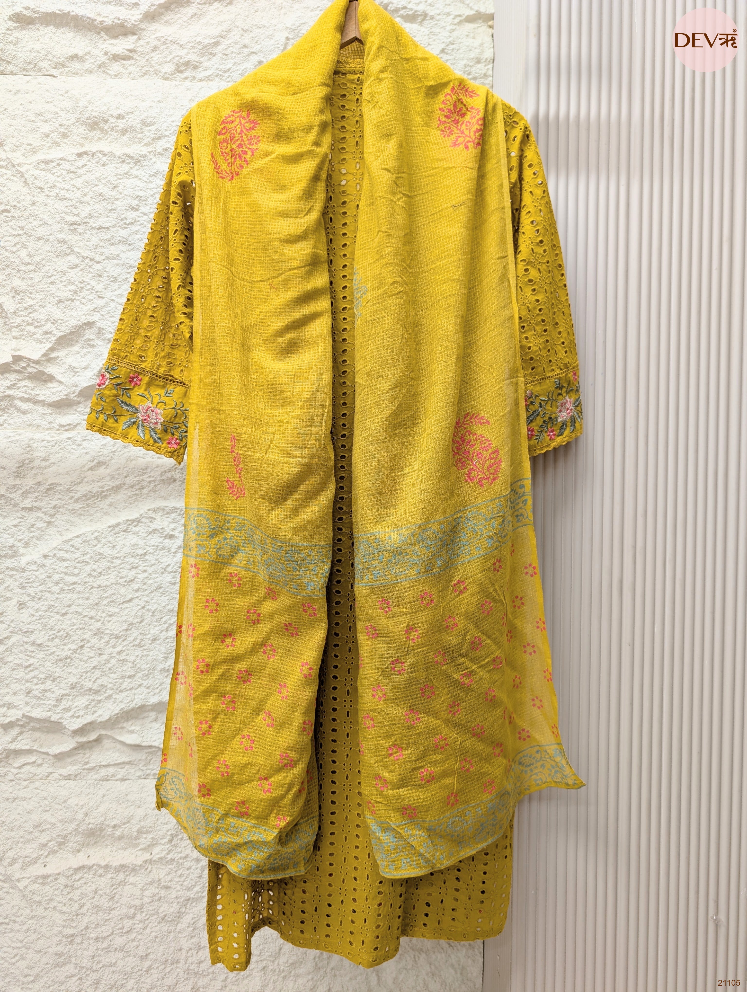 Gulnaar Pure cotton Embroidered Mustard 3-Piece Set (Devri – D.No 21105)