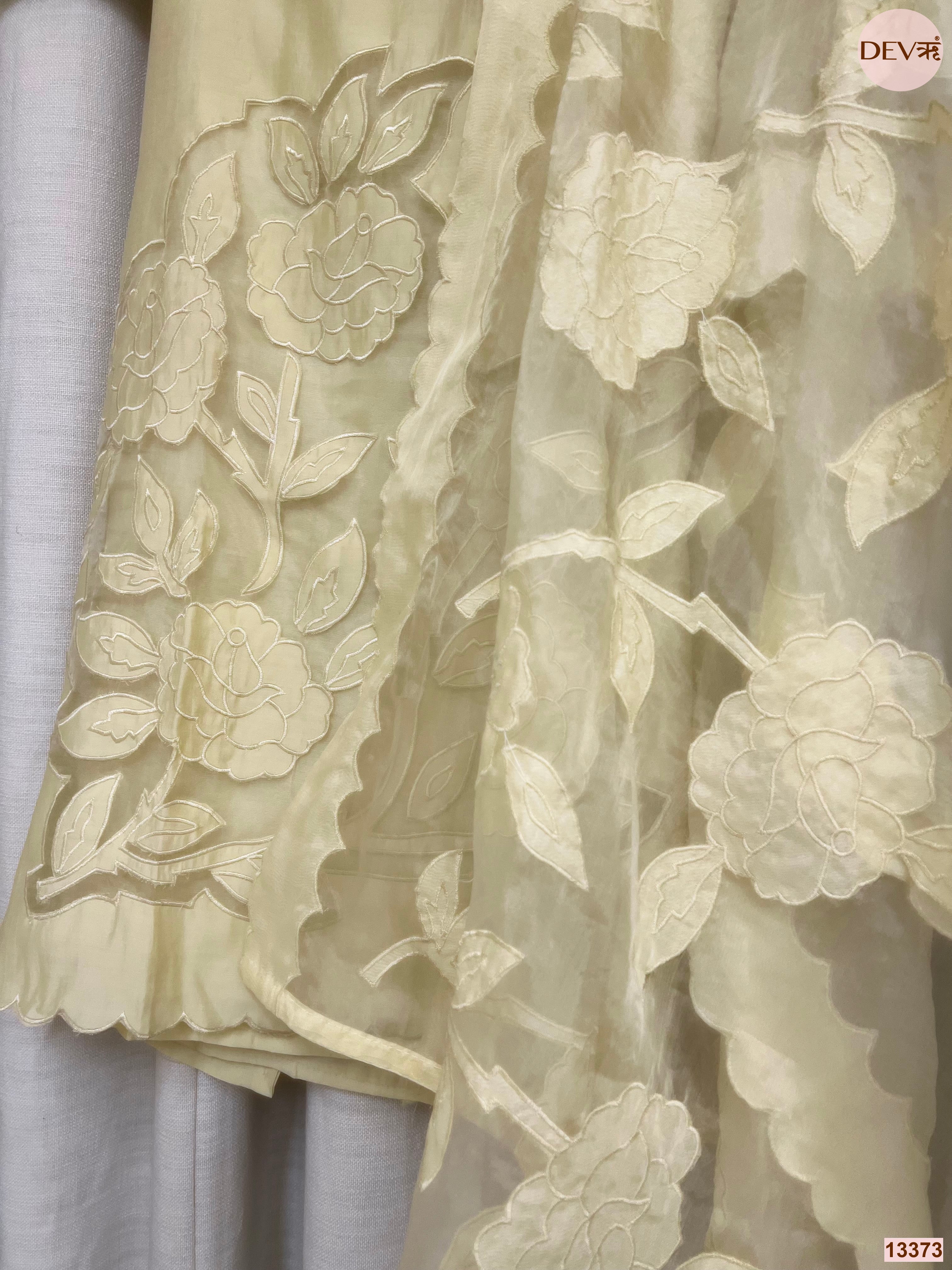 Yellow Roman Silk Embroidered Unstitched 3-Piece Suit (Devri – D.No 13373)