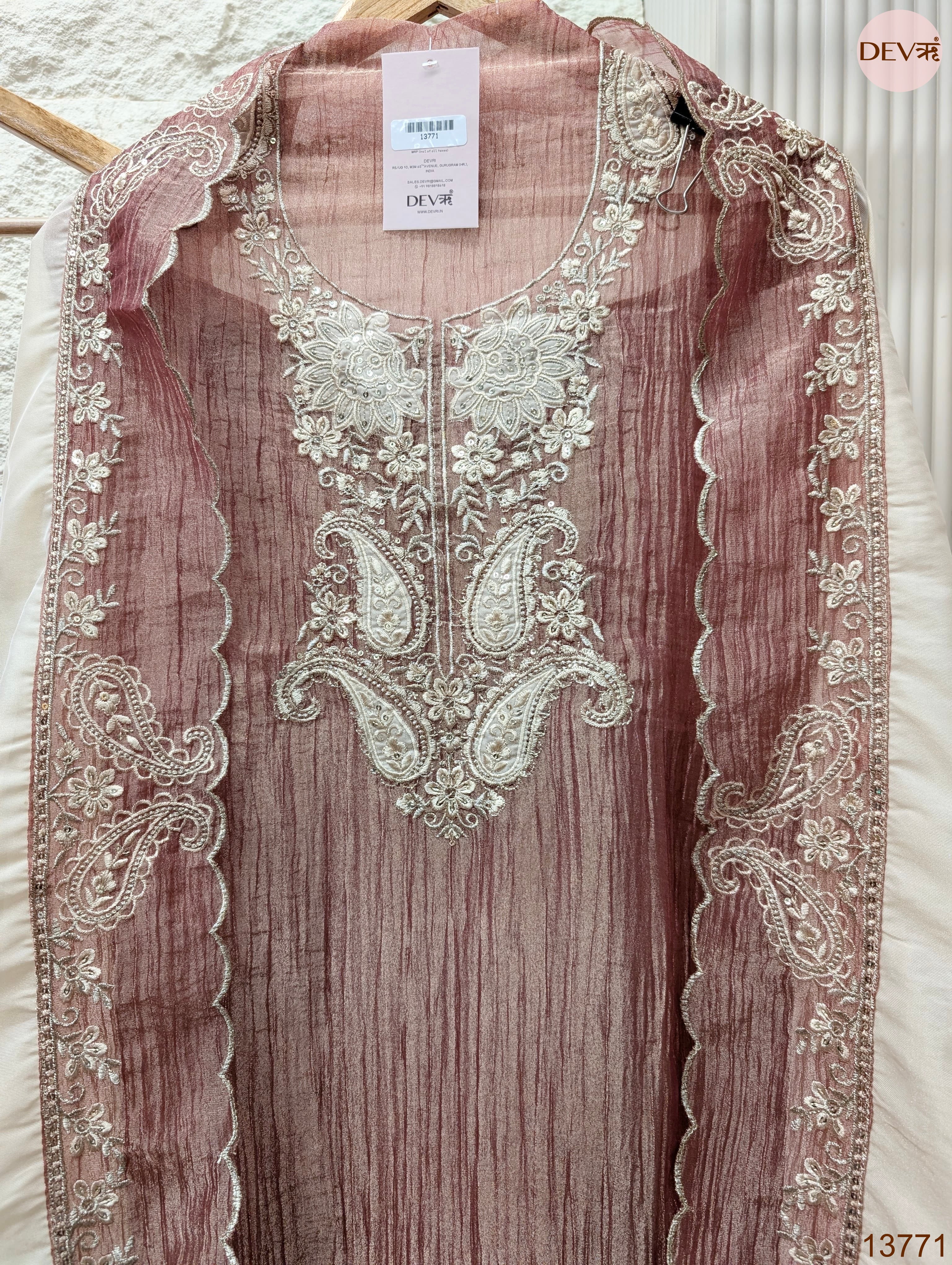 Mauve Pure Tissue Silk Embroidered Unstitched 3-Piece Suit (Devri – D.No 13771)