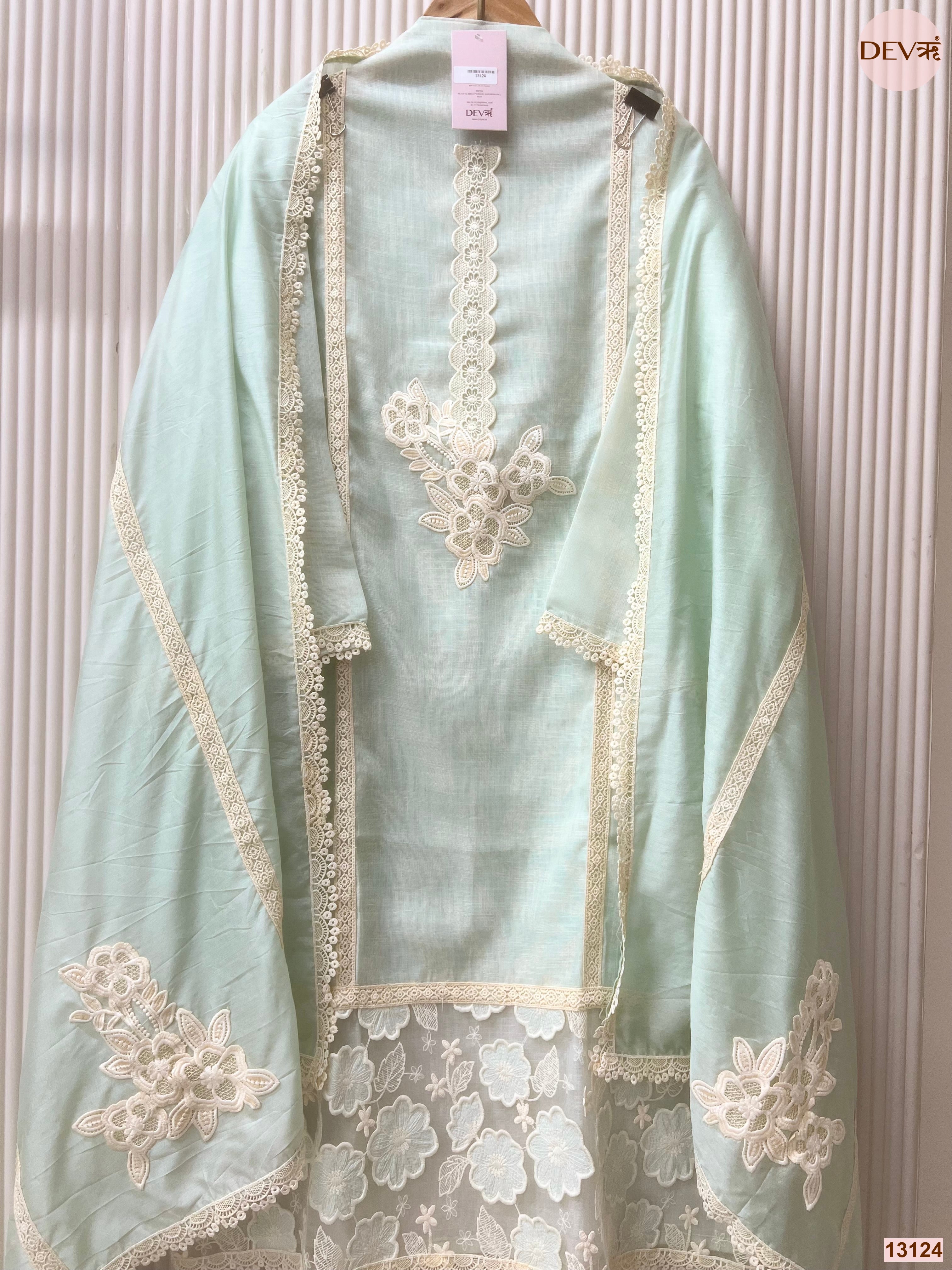 Mint Linen Cotton Embroidered Unstitched 3-Piece Suit (Devri – D.No 13124)