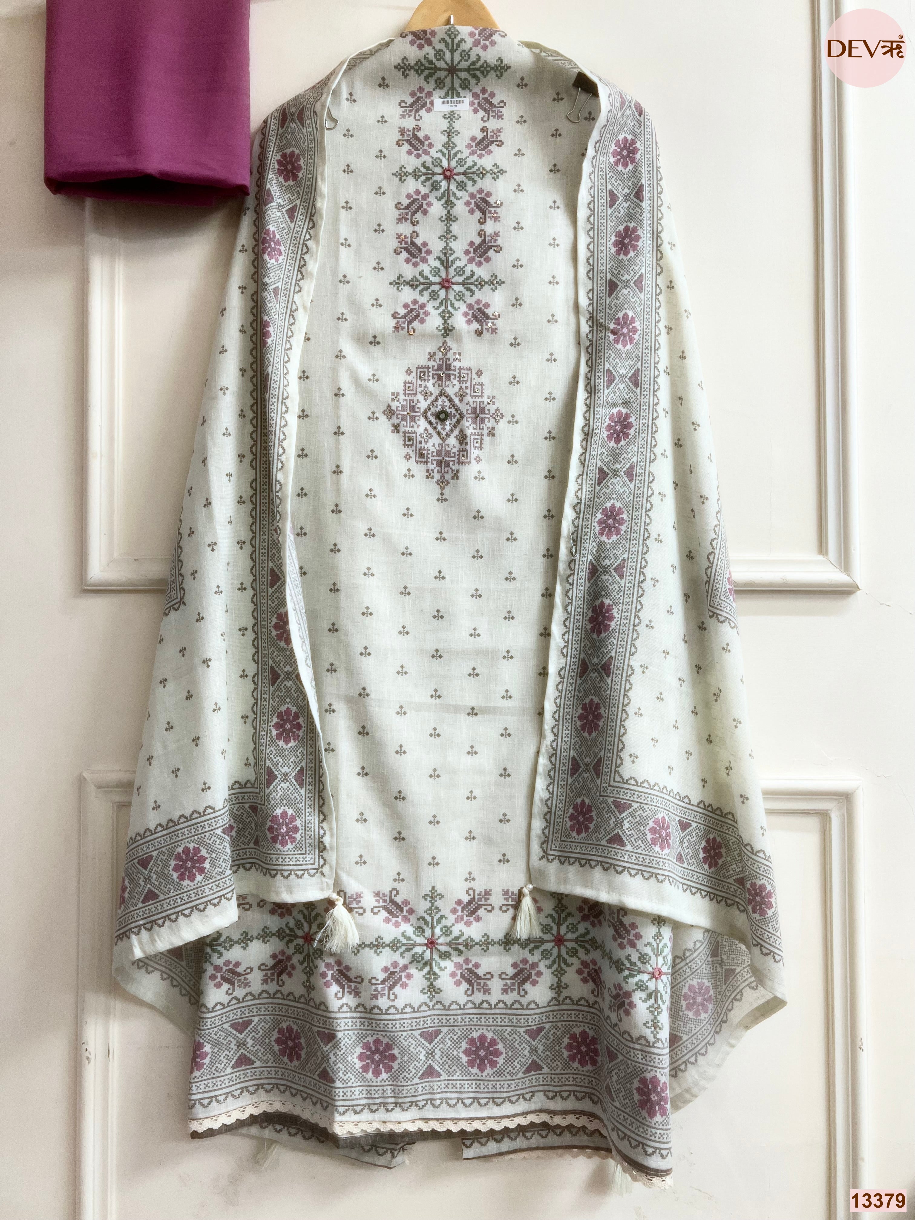 Off White Khadi Cotton Printed Unstitched 3-Piece Suit (Devri – D.No 13379)