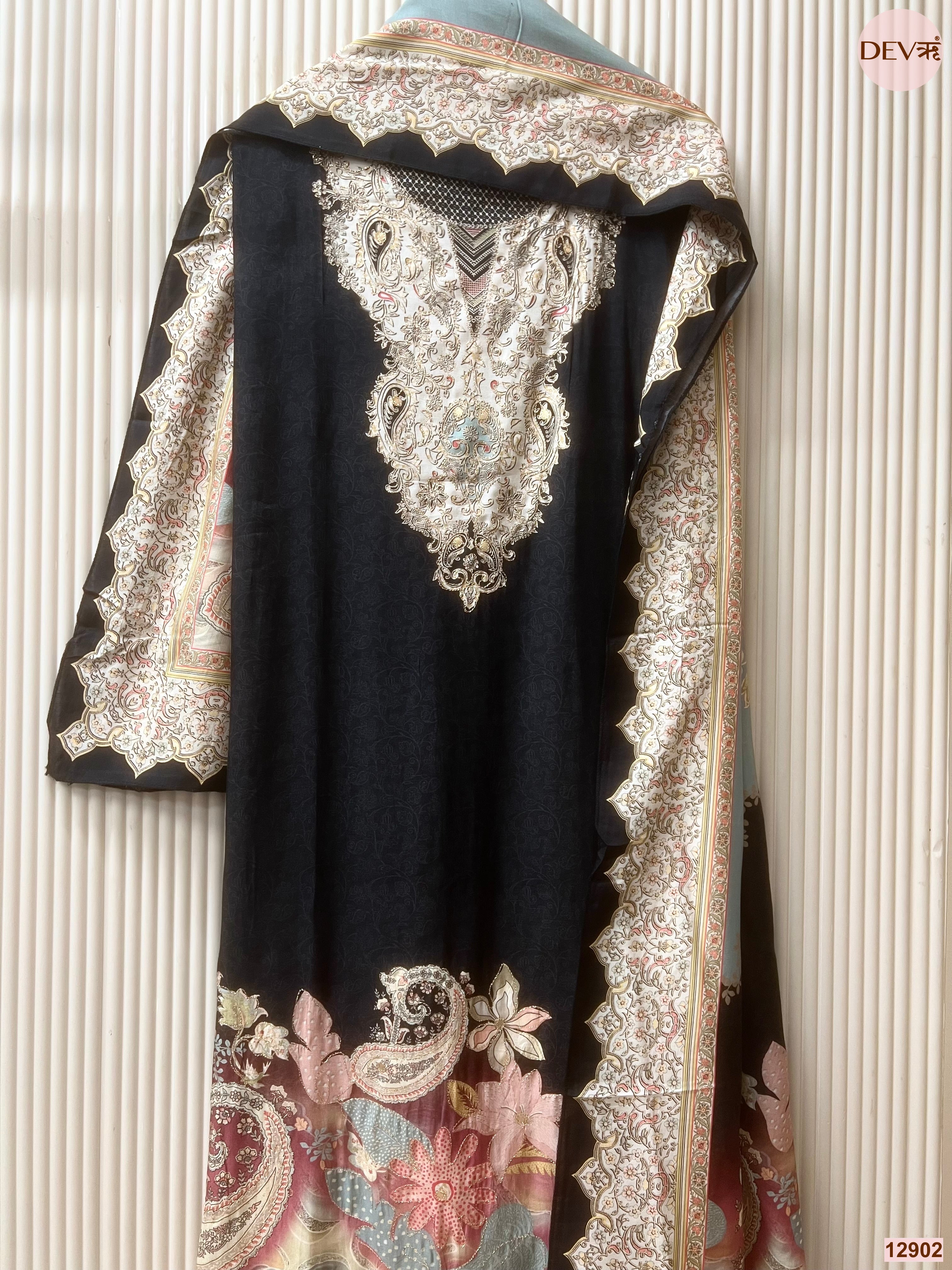 Navy Muslin Printed Unstitched 3-Piece Suit (Devri – D.No 12902)