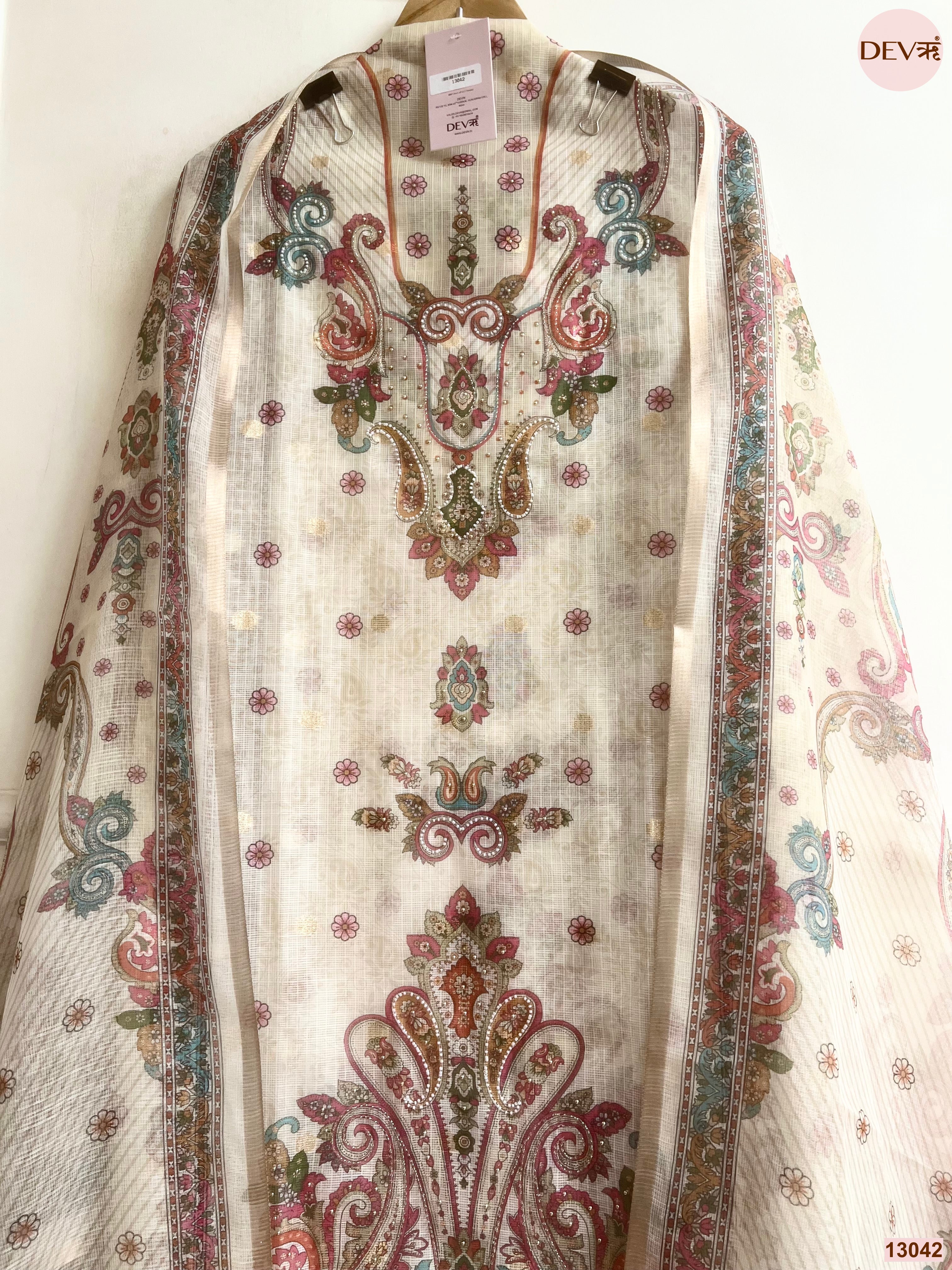 Cream Kota Printed Unstitched 3-Piece Suit (Devri – D.No 13042)